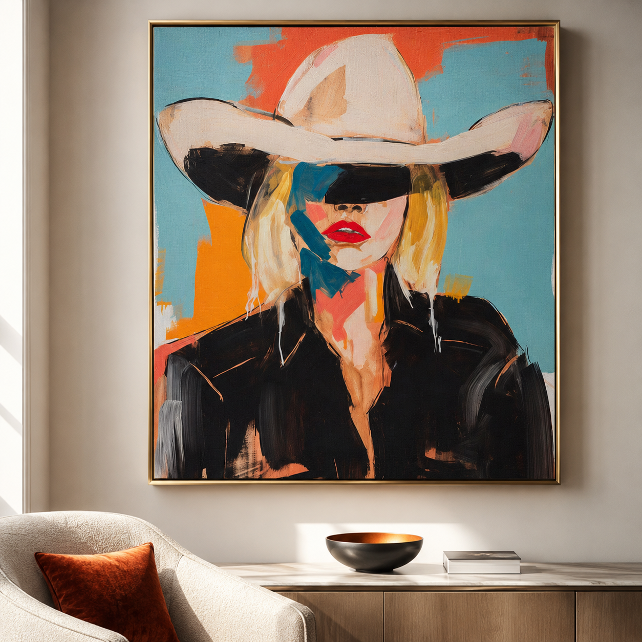 Veiled by the White Hat - Blonde Cowgirl Pop Oil Painting