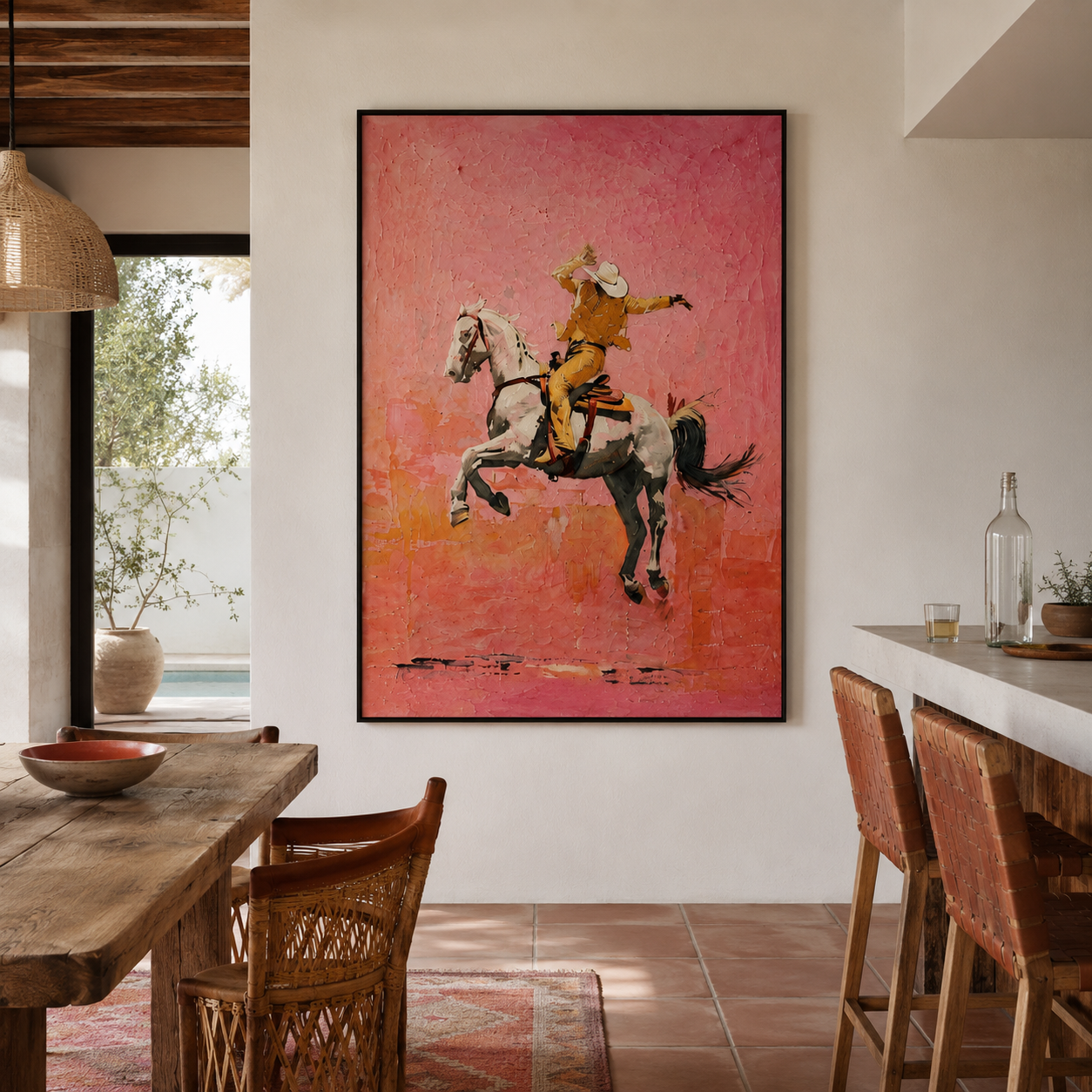 Rose Dust Rodeo - Cowboy on Bucking White Horse Oil Painting