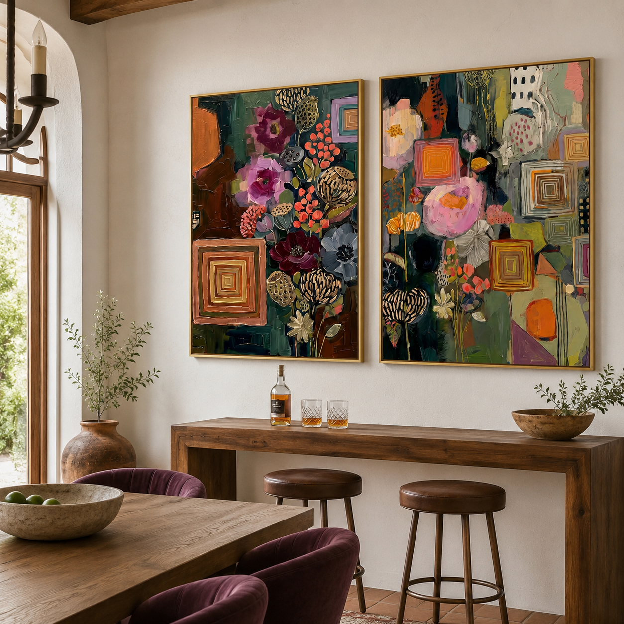 Two Rooms of Color - Botanical Geometry Diptych Oil Painting