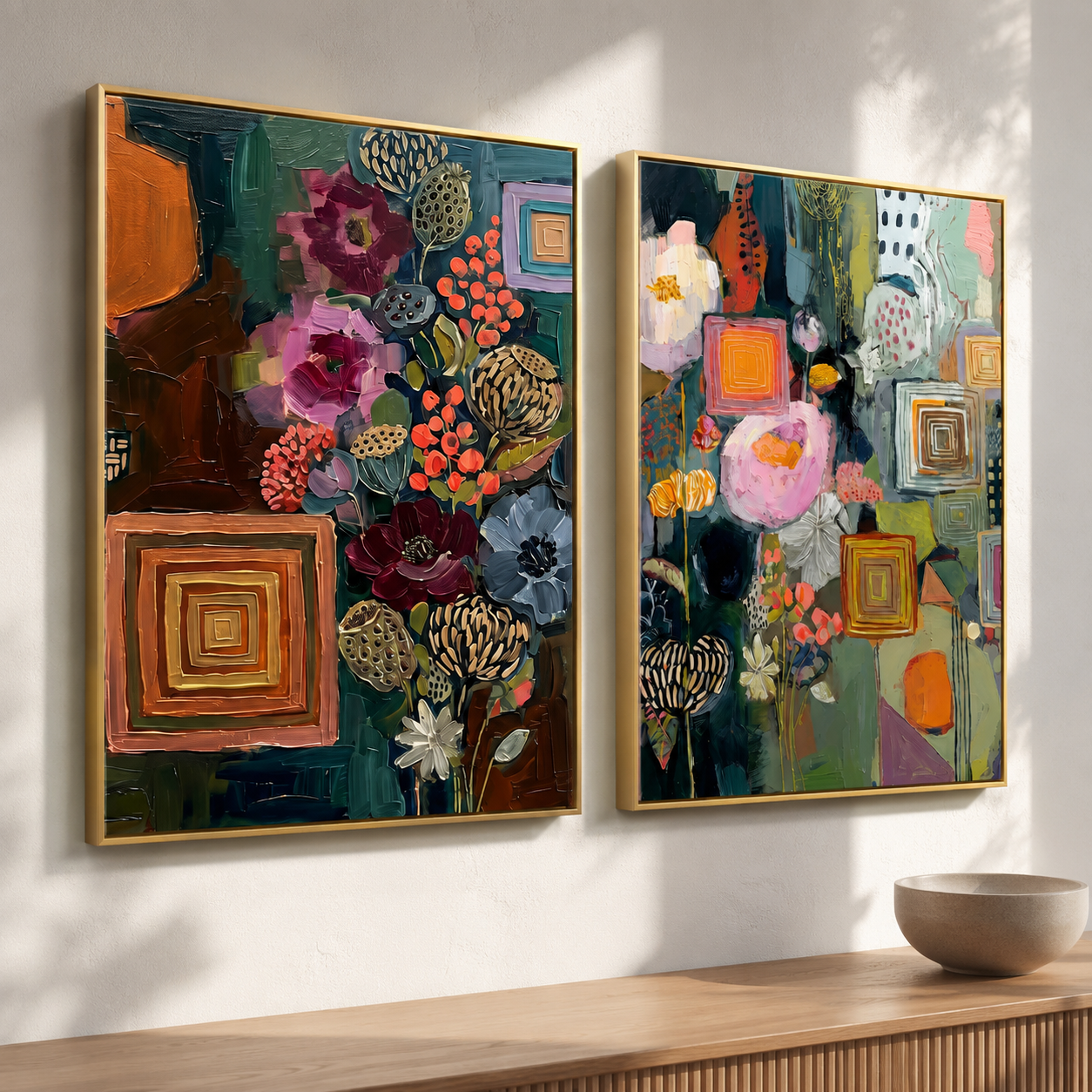 Two Rooms of Color - Botanical Geometry Diptych Oil Painting