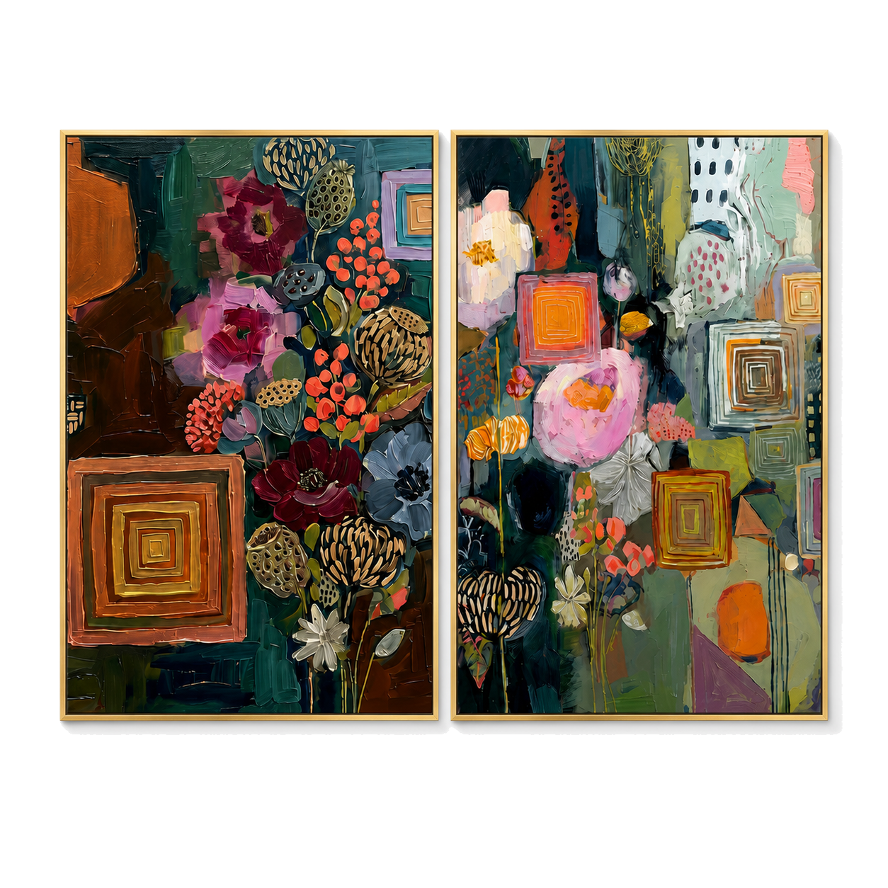 Two Rooms of Color - Botanical Geometry Diptych Oil Painting