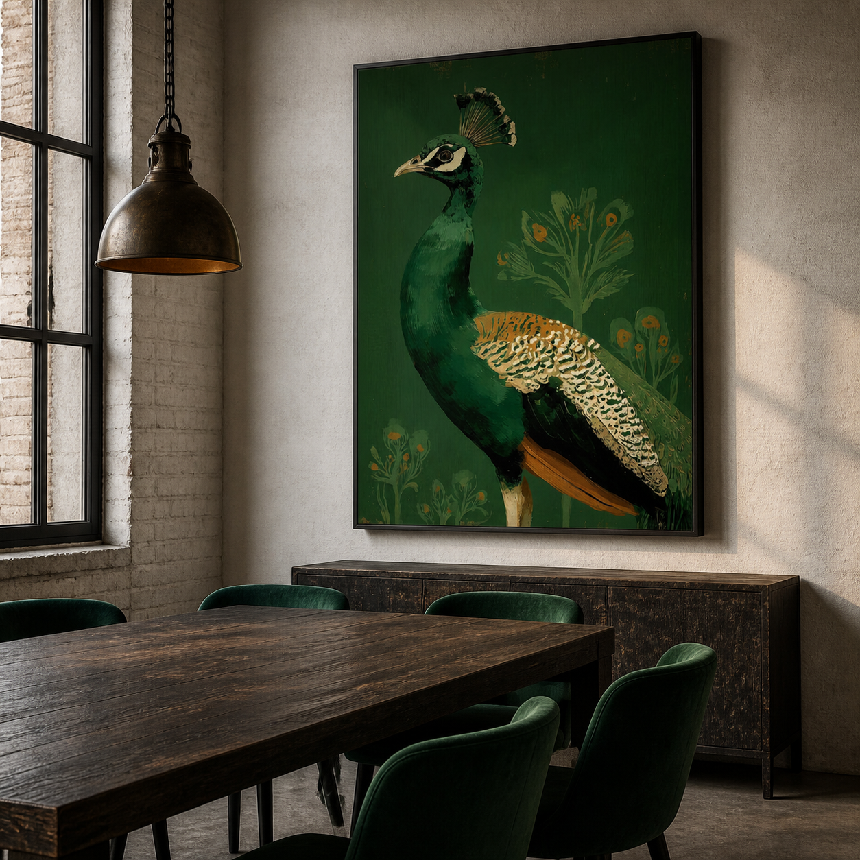 Emerald Majesty - Vintage Peacock Botanical Oil Painting
