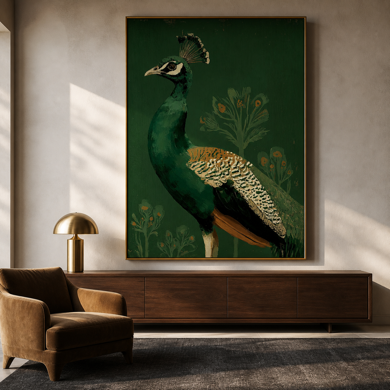 Emerald Majesty - Vintage Peacock Botanical Oil Painting