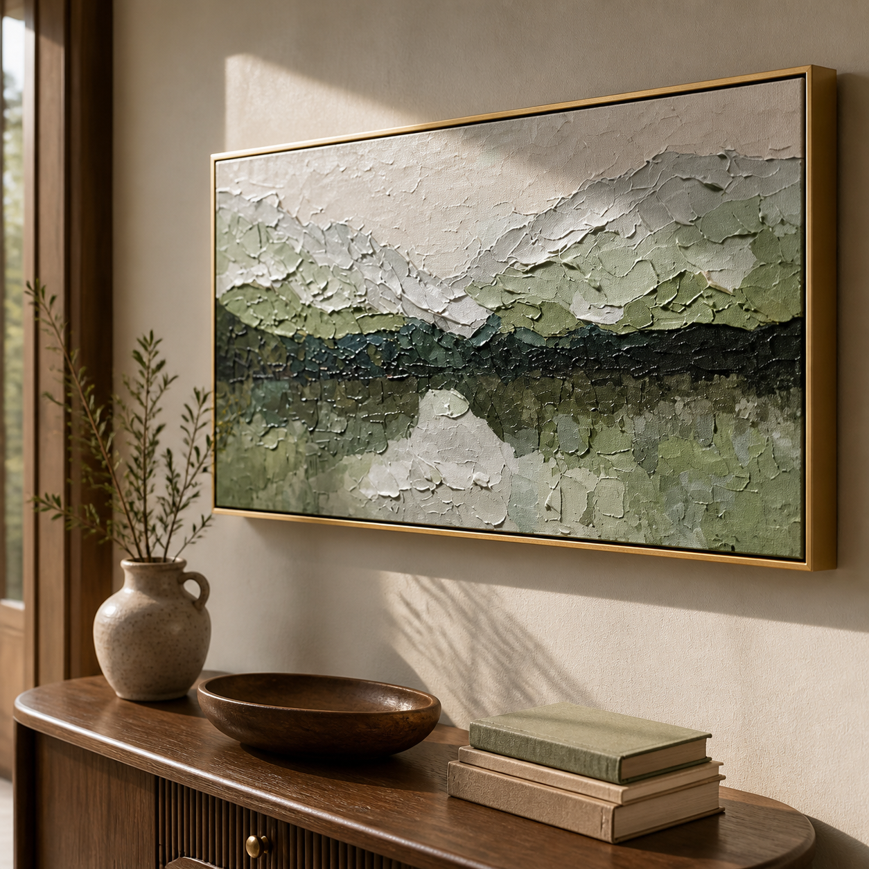 Sage Horizon - Muted Green Mountain Landscape Textured Oil Painting