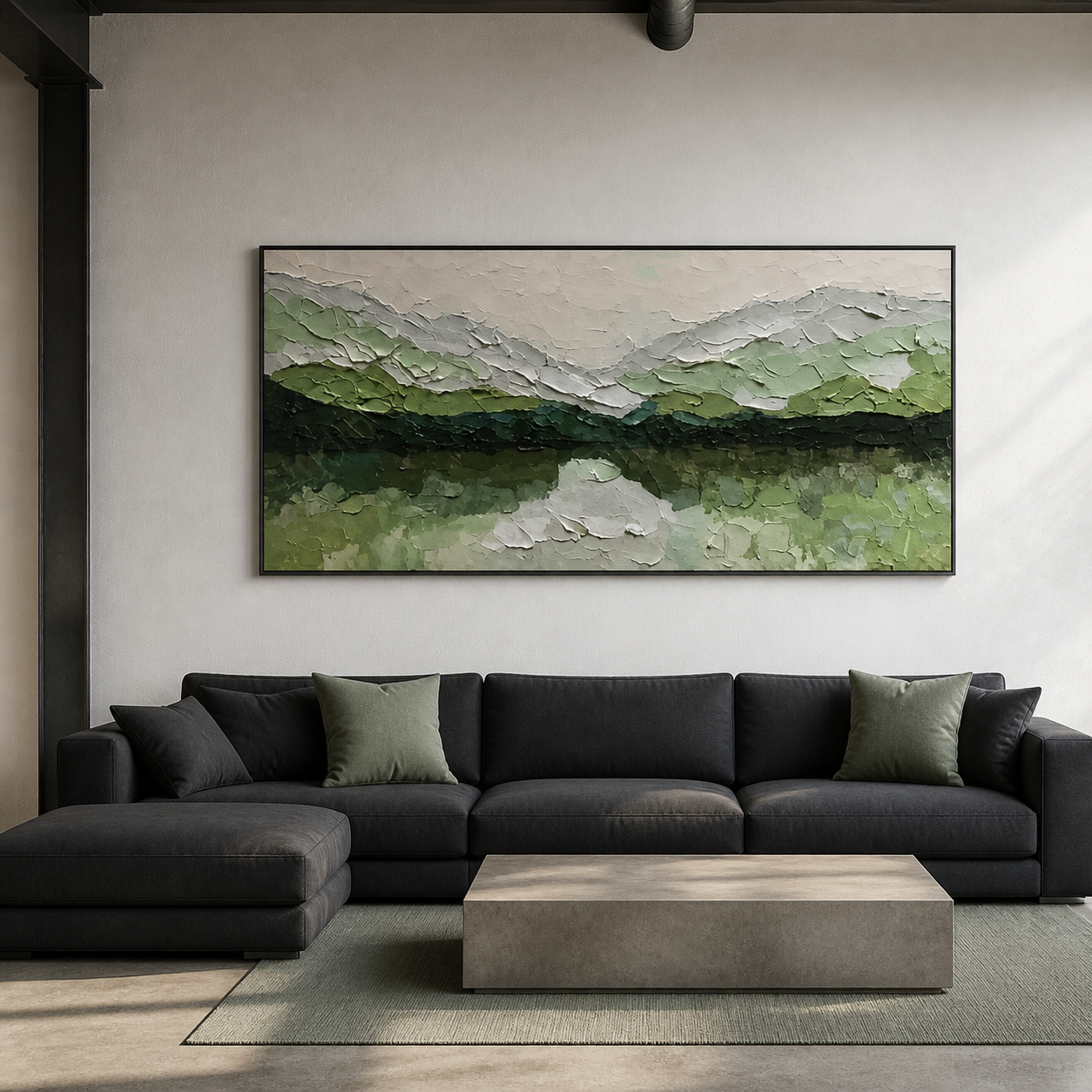 Sage Horizon - Muted Green Mountain Landscape Textured Oil Painting
