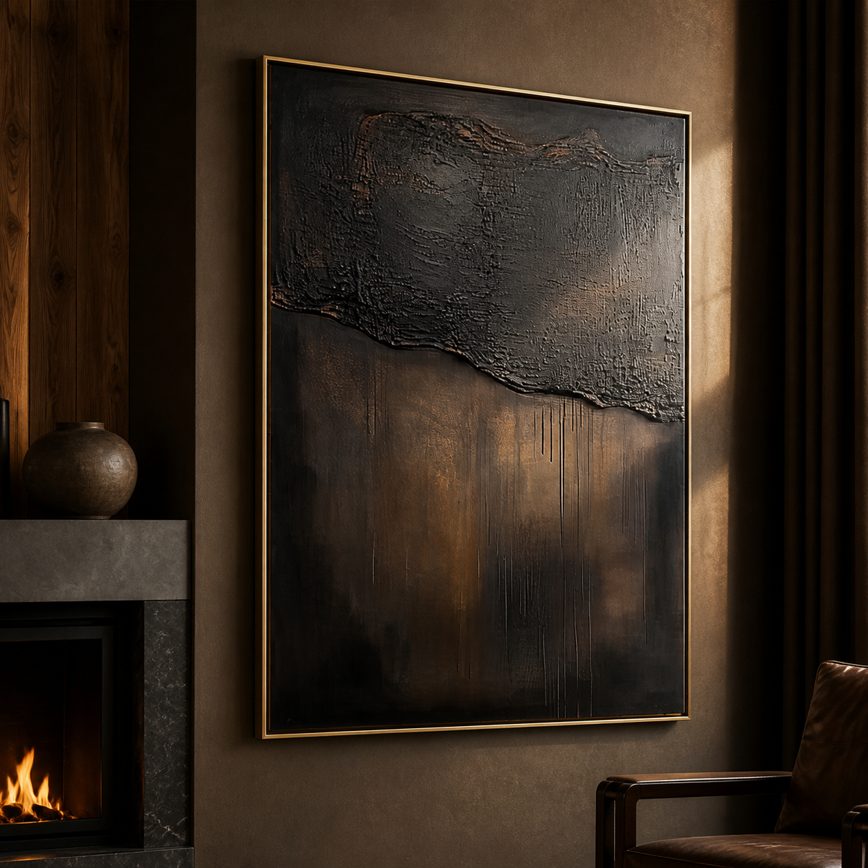 Obsidian Horizons - Dark Bronze & Black Textured Abstract Painting