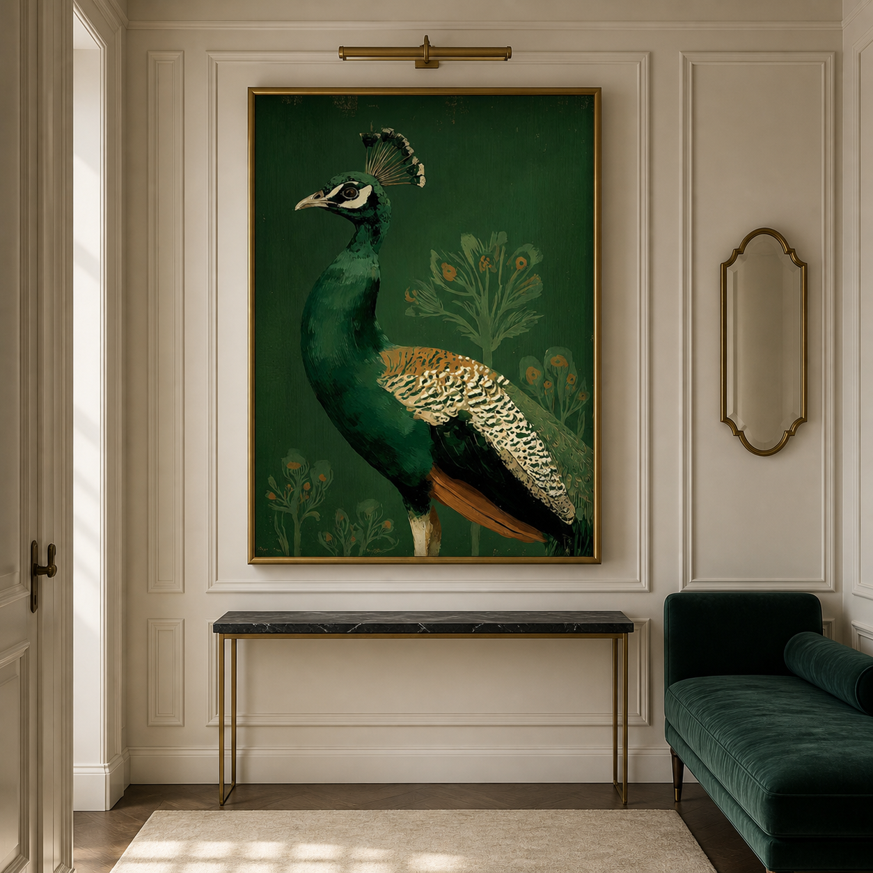 Emerald Majesty - Vintage Peacock Botanical Oil Painting