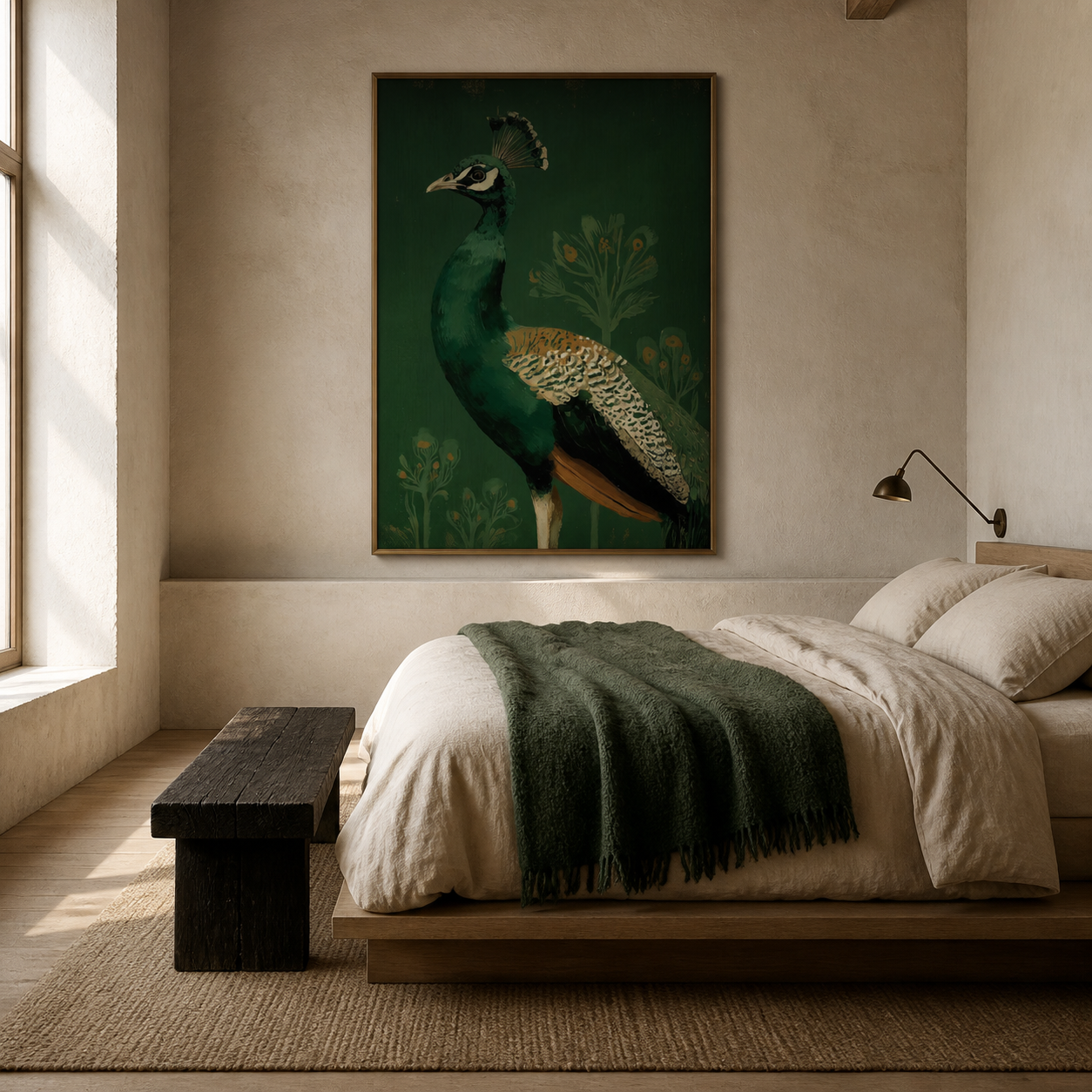 Emerald Majesty - Vintage Peacock Botanical Oil Painting