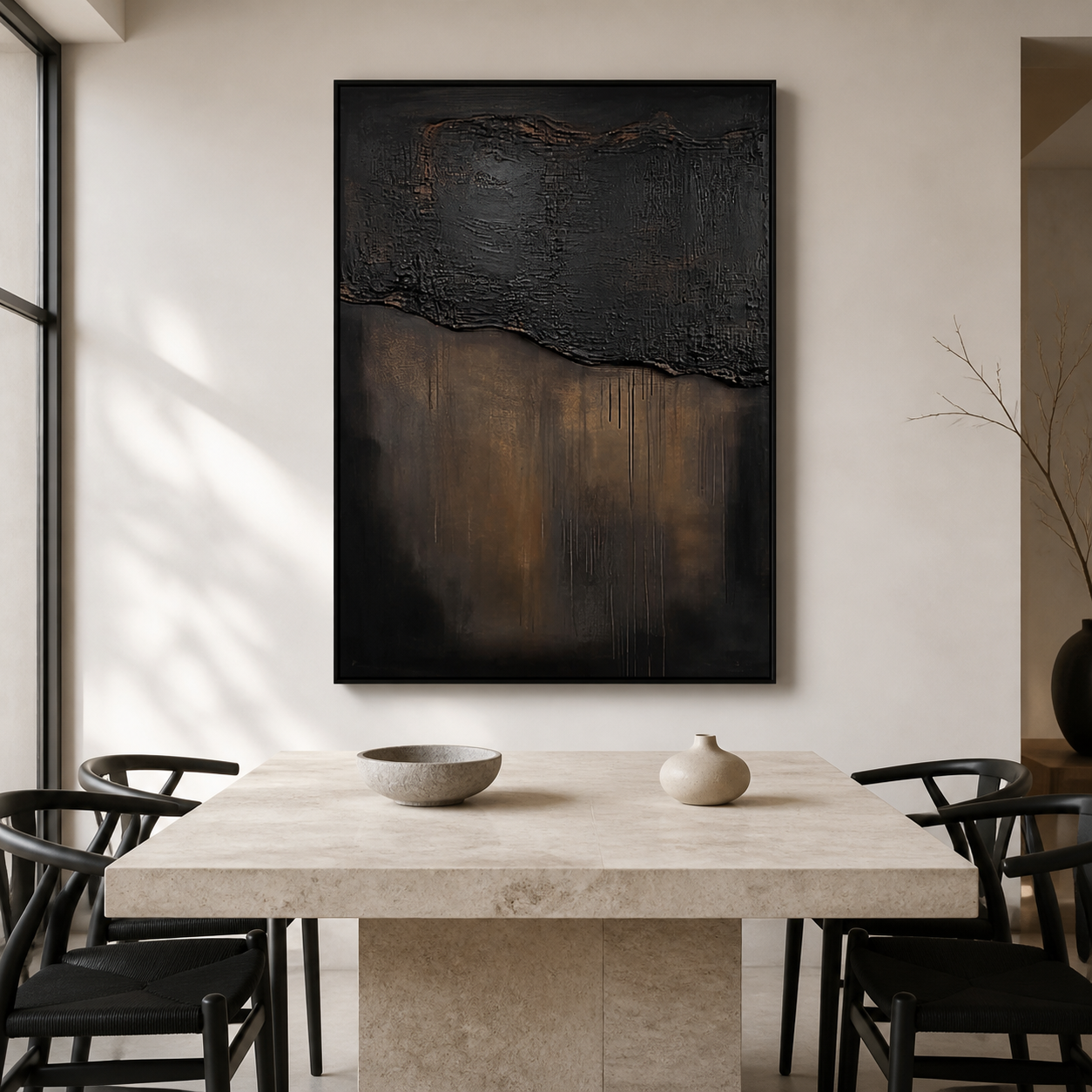 Obsidian Horizons - Dark Bronze & Black Textured Abstract Painting