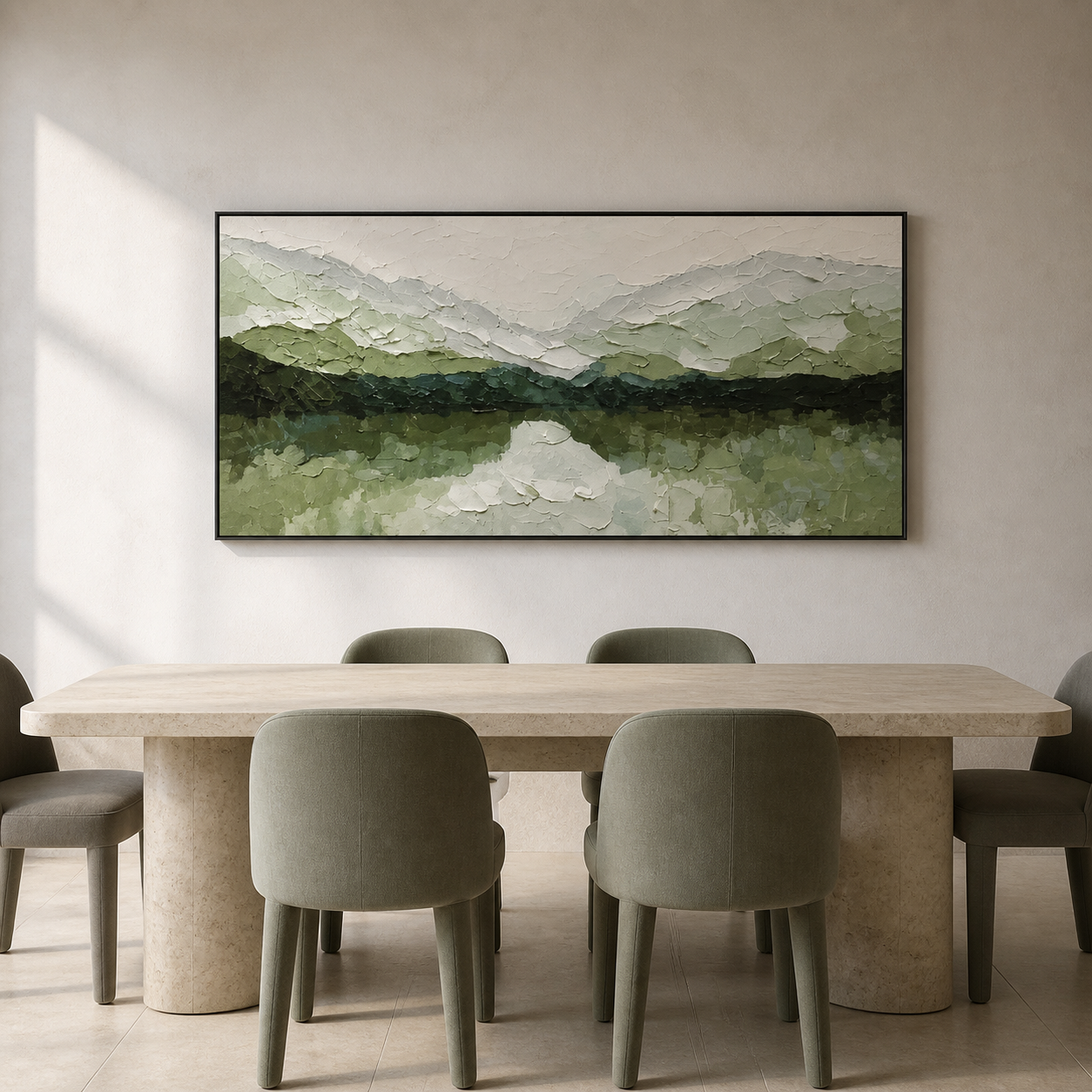 Sage Horizon - Muted Green Mountain Landscape Textured Oil Painting