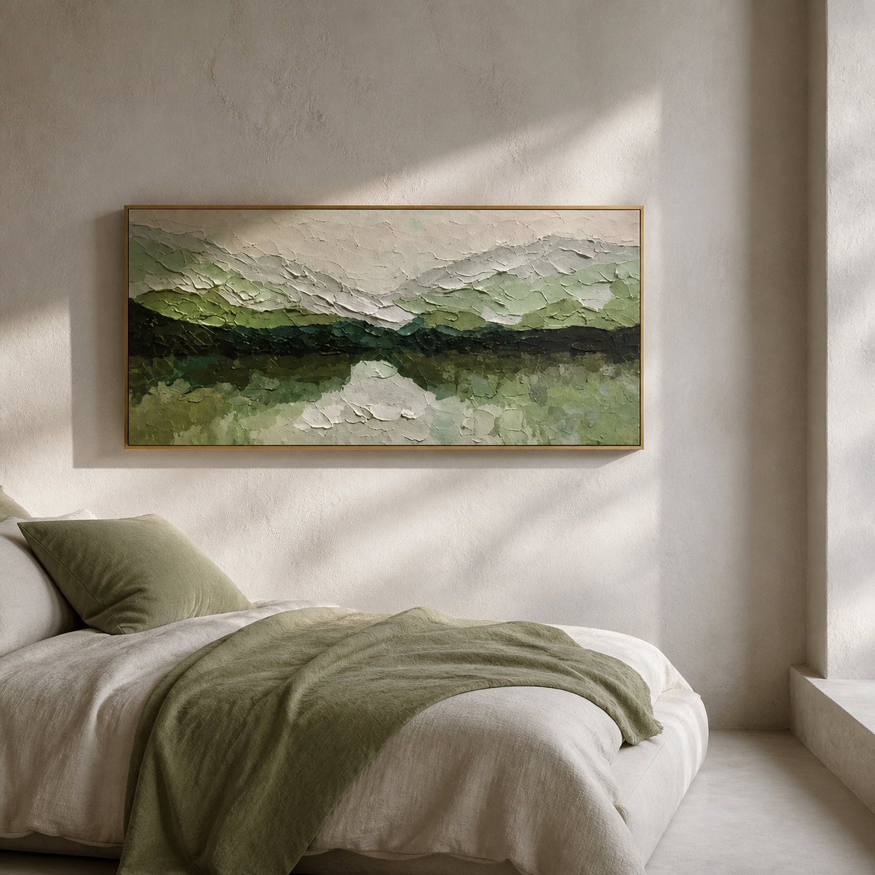 Sage Horizon - Muted Green Mountain Landscape Textured Oil Painting