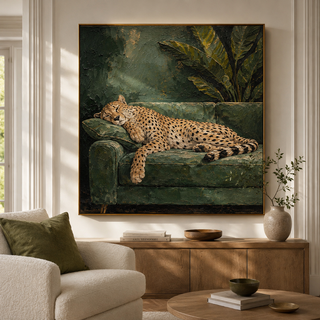 Emerald Nap - Cheetah Resting on Velvet Sofa Oil Painting