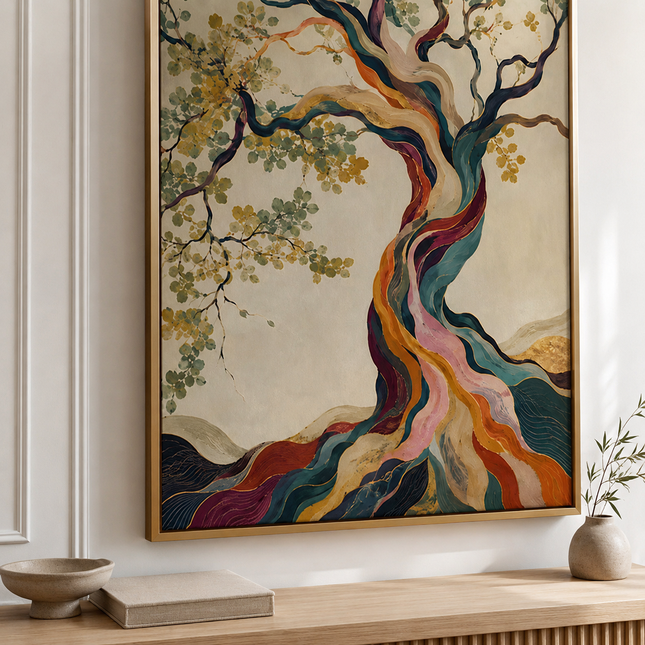 Flowing Rainbow Roots Abstract Tree Canvas Wall Art