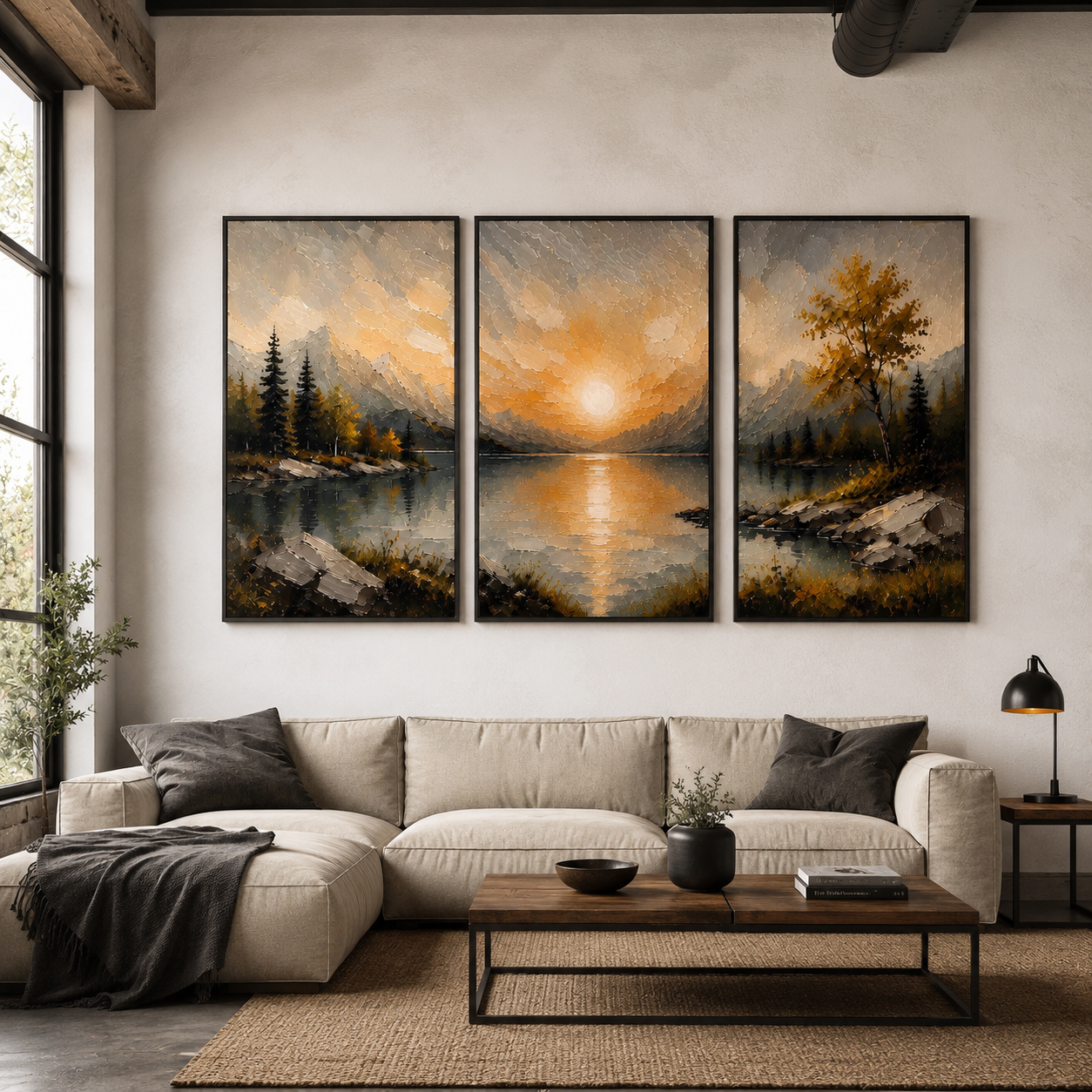Last Light Across the Lake - Golden Sunset Triptych Oil Painting