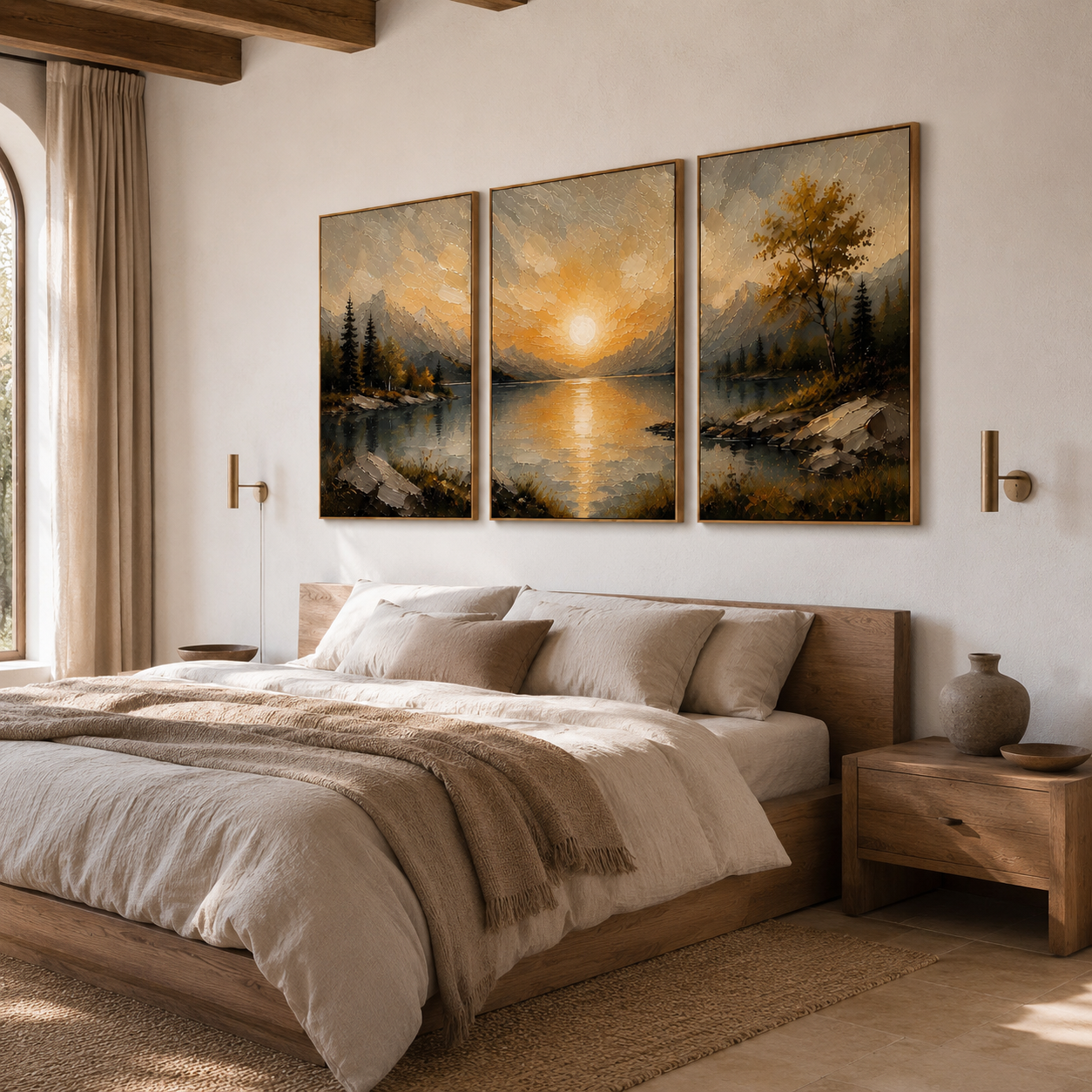 Last Light Across the Lake - Golden Sunset Triptych Oil Painting