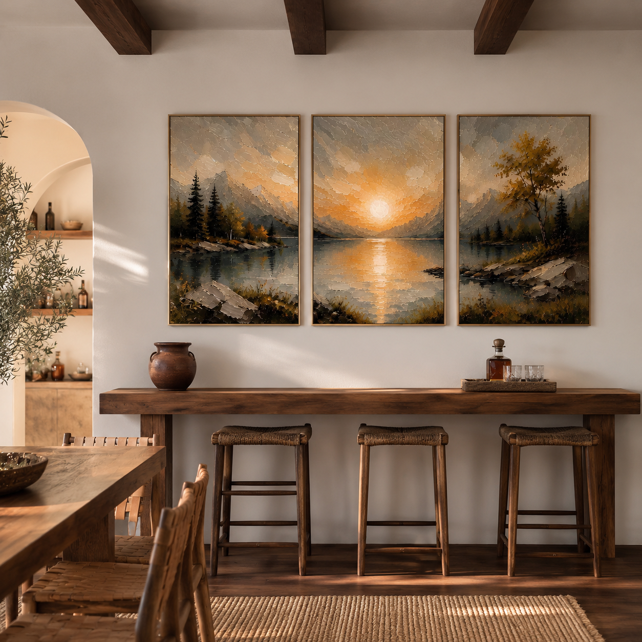 Last Light Across the Lake - Golden Sunset Triptych Oil Painting