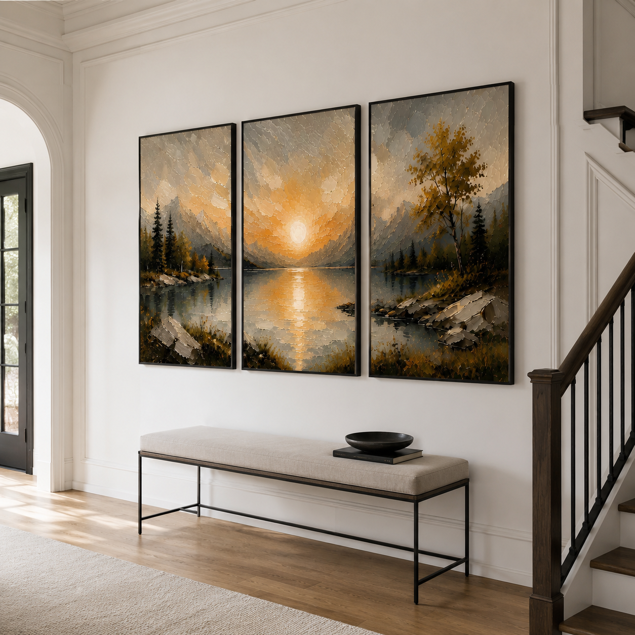 Last Light Across the Lake - Golden Sunset Triptych Oil Painting