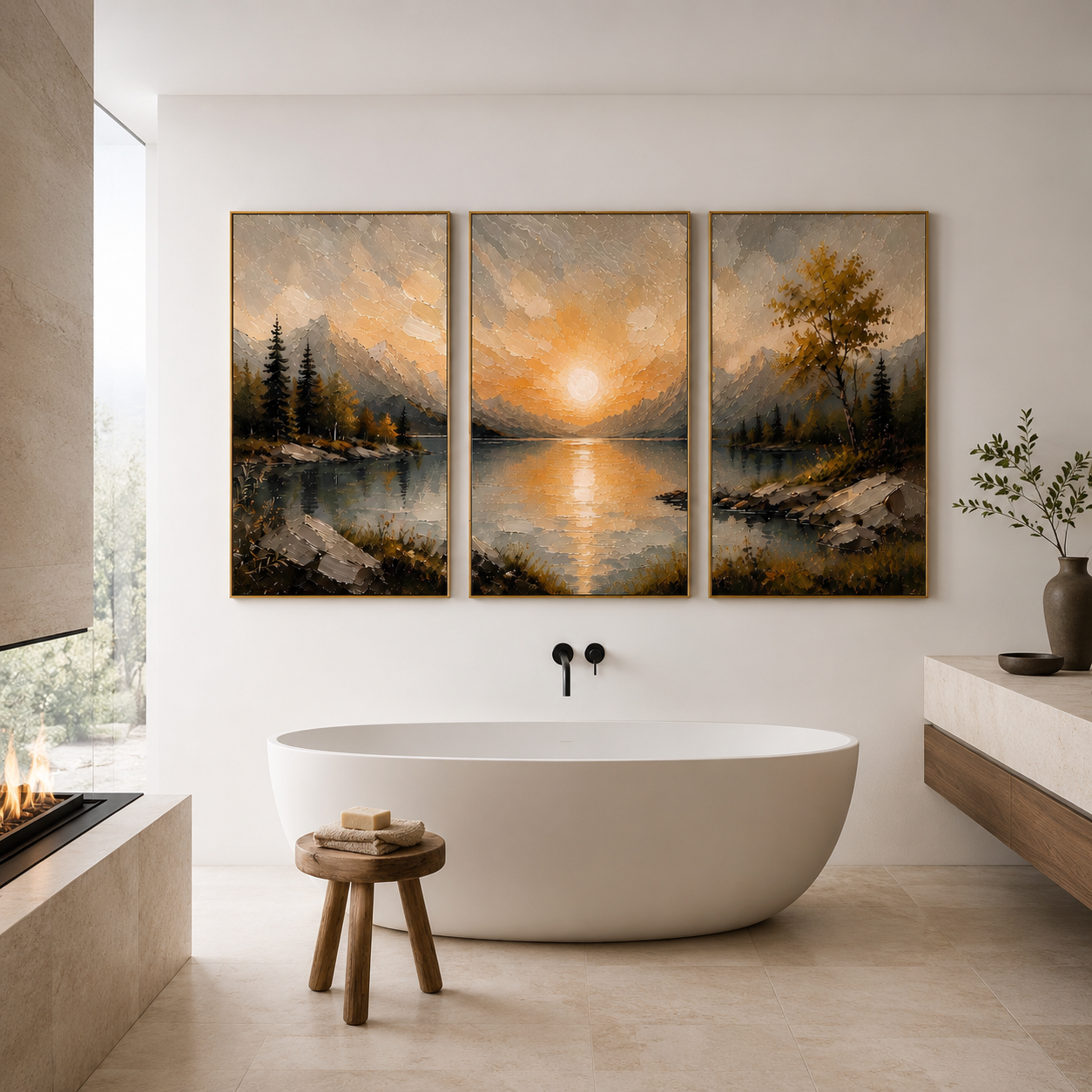 Last Light Across the Lake - Golden Sunset Triptych Oil Painting