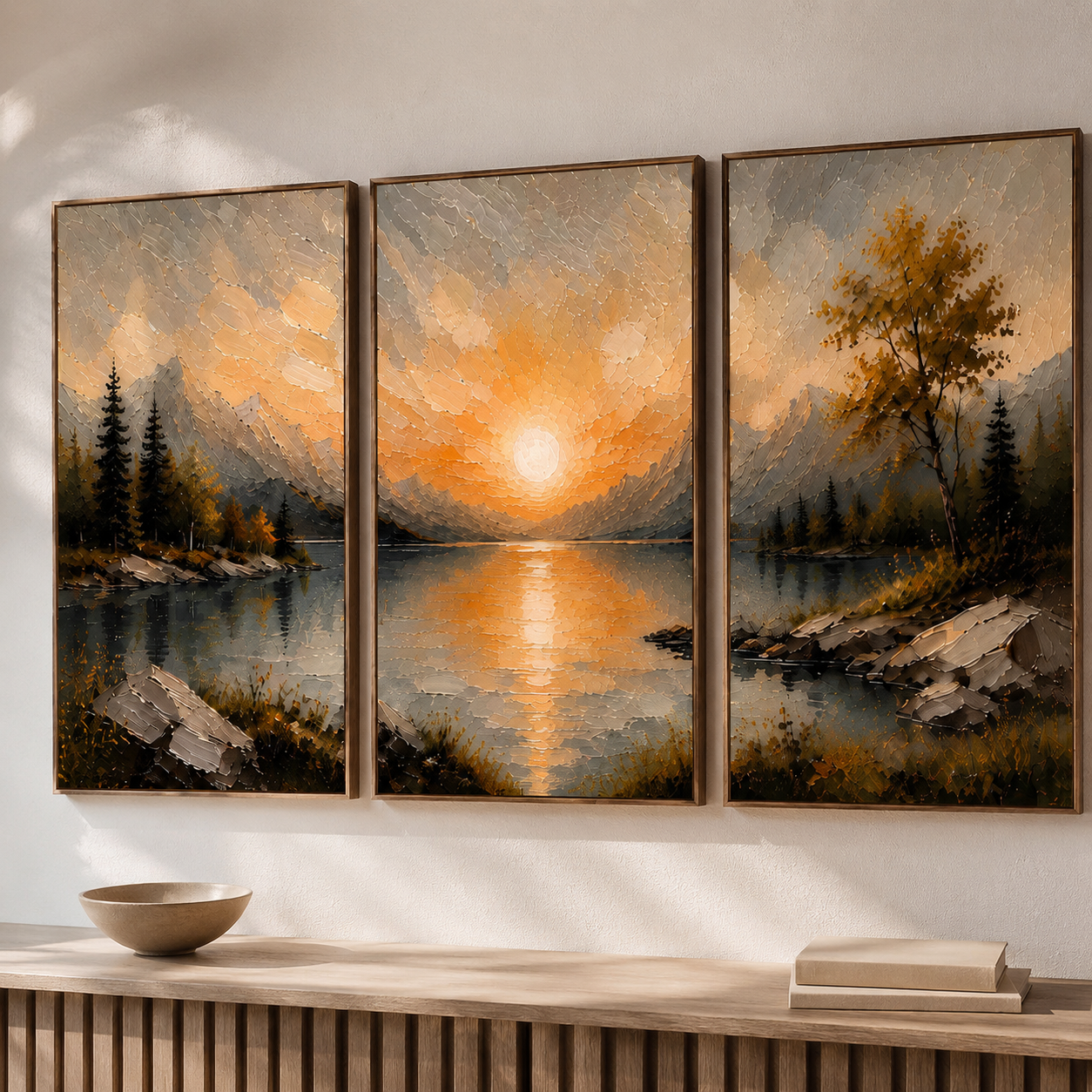 Last Light Across the Lake - Golden Sunset Triptych Oil Painting