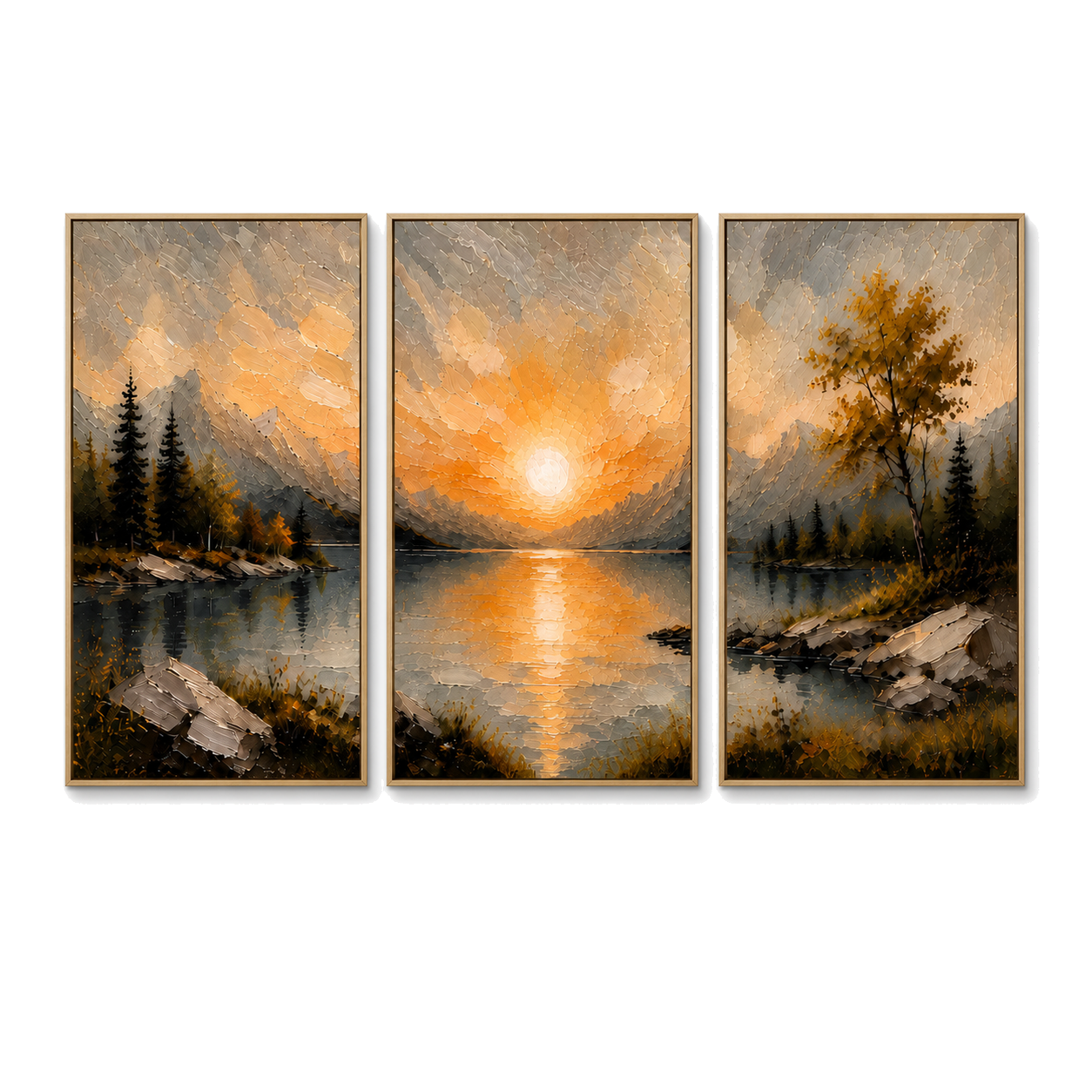 Last Light Across the Lake - Golden Sunset Triptych Oil Painting
