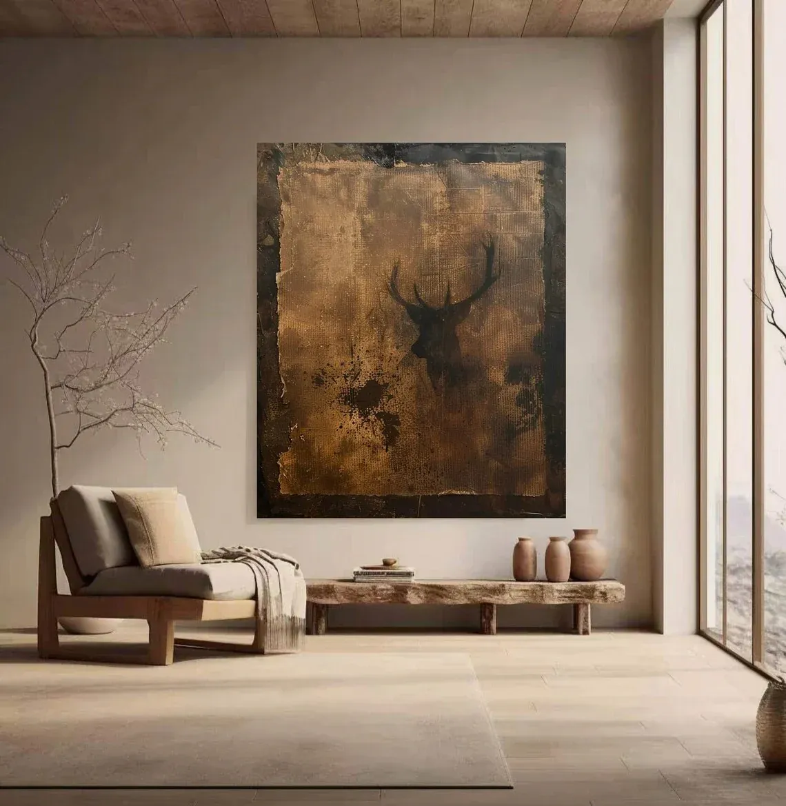 Majestic Silhouette - Vintage Gold & Dark Stag Wabi-Sabi Canvas Art