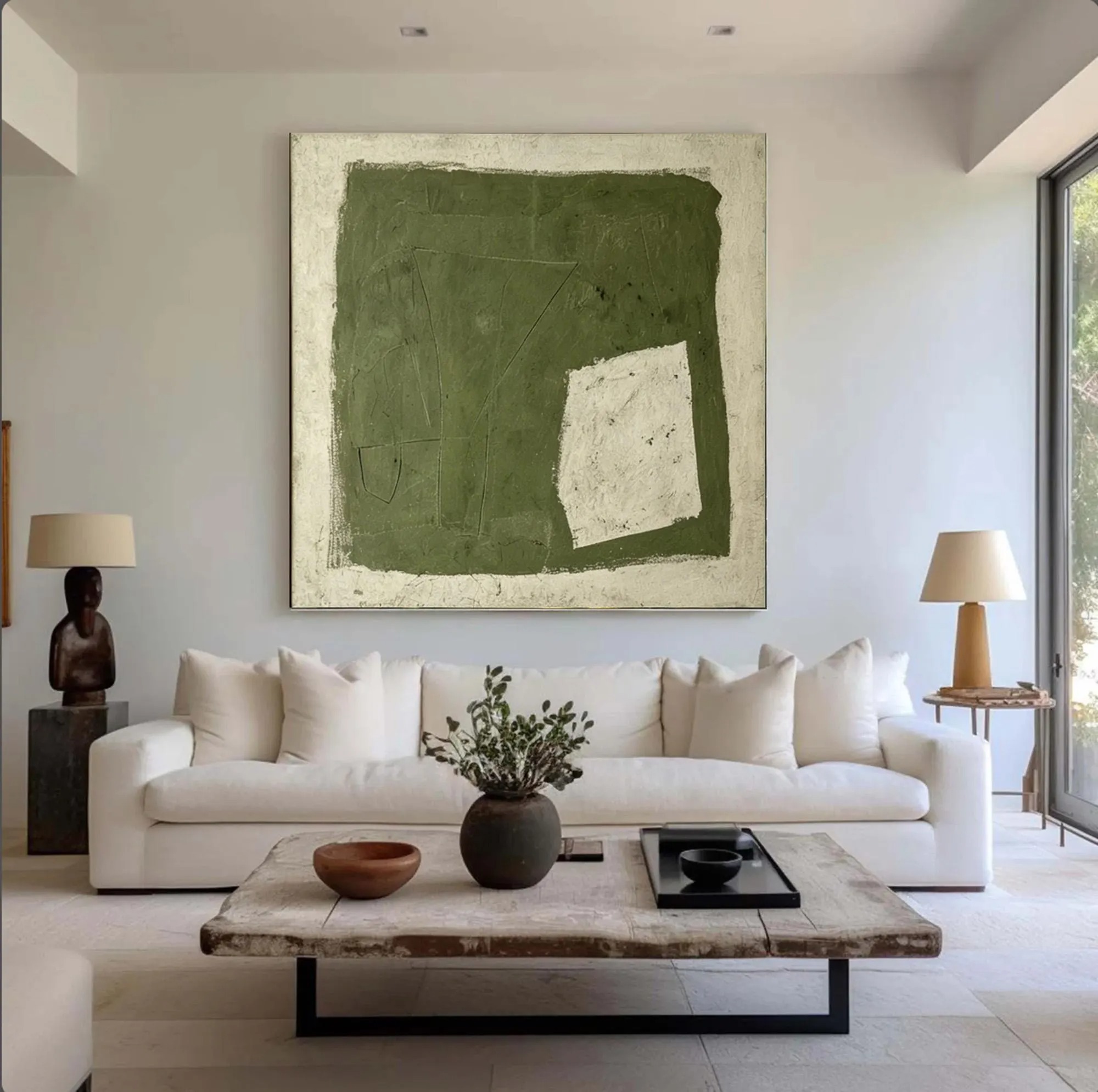 Balanced Calm - Moss Green & Off-White Block Canvas Art