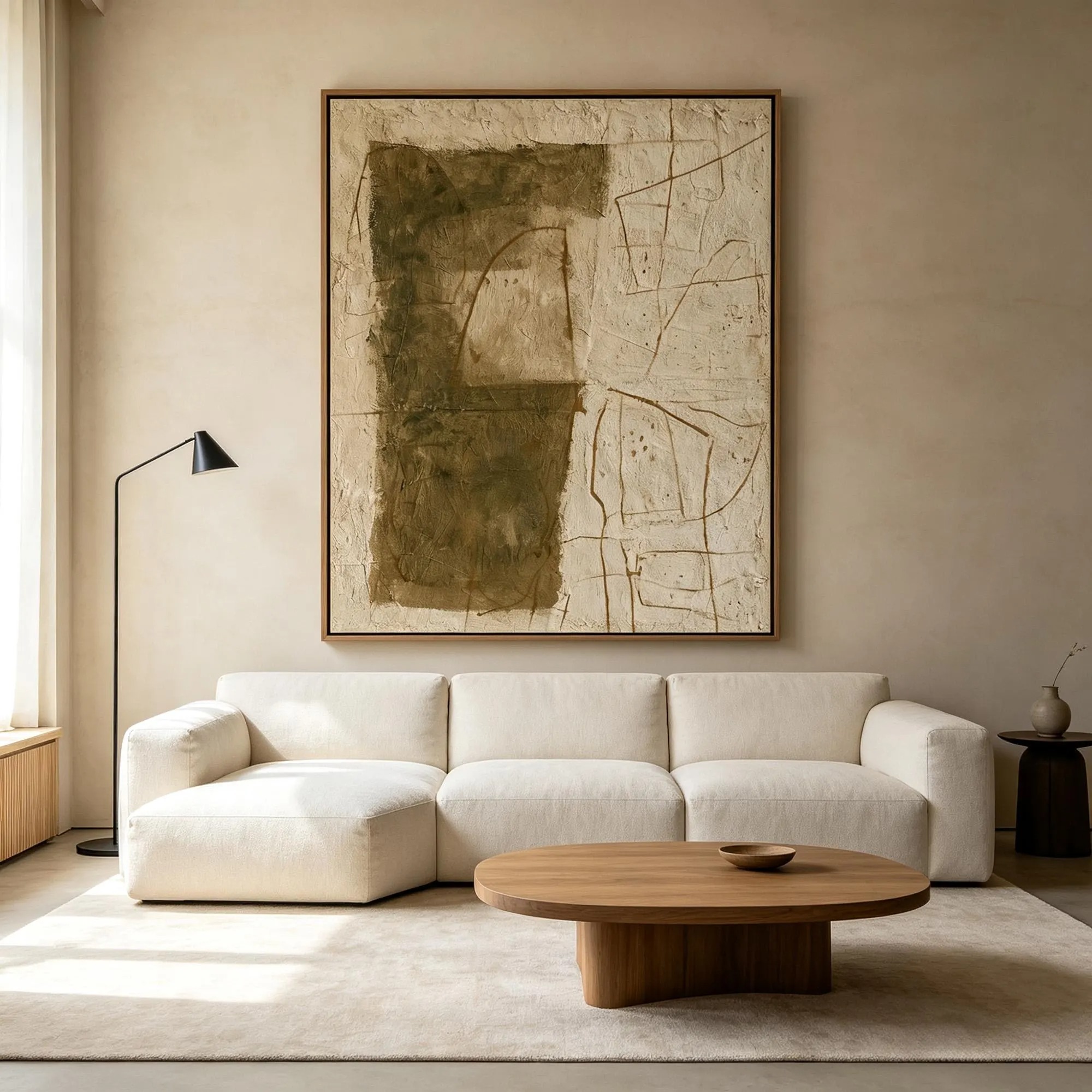 Minimalist Form - Olive Green & Linen Textured Abstract Canvas Art