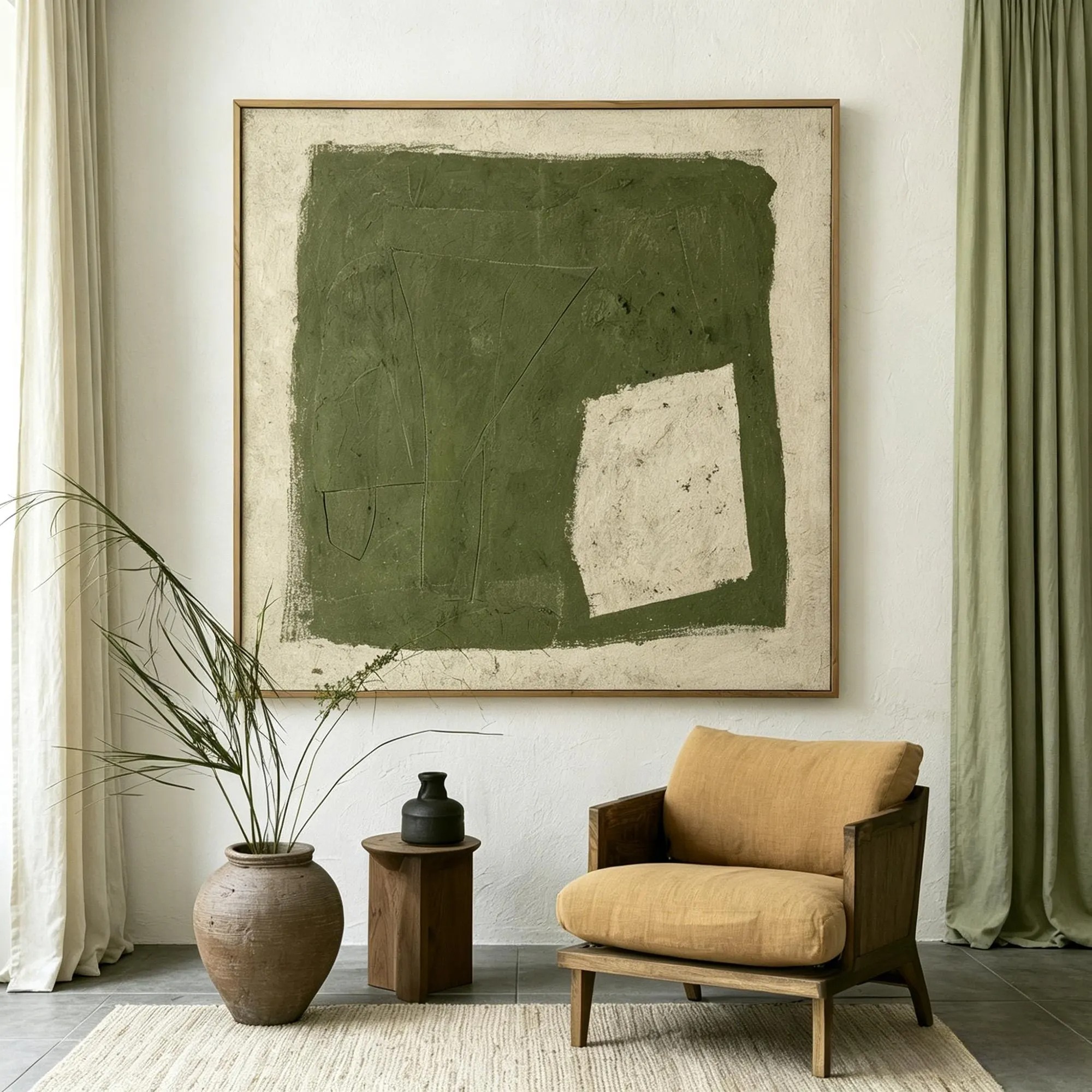 Balanced Calm - Moss Green & Off-White Block Canvas Art