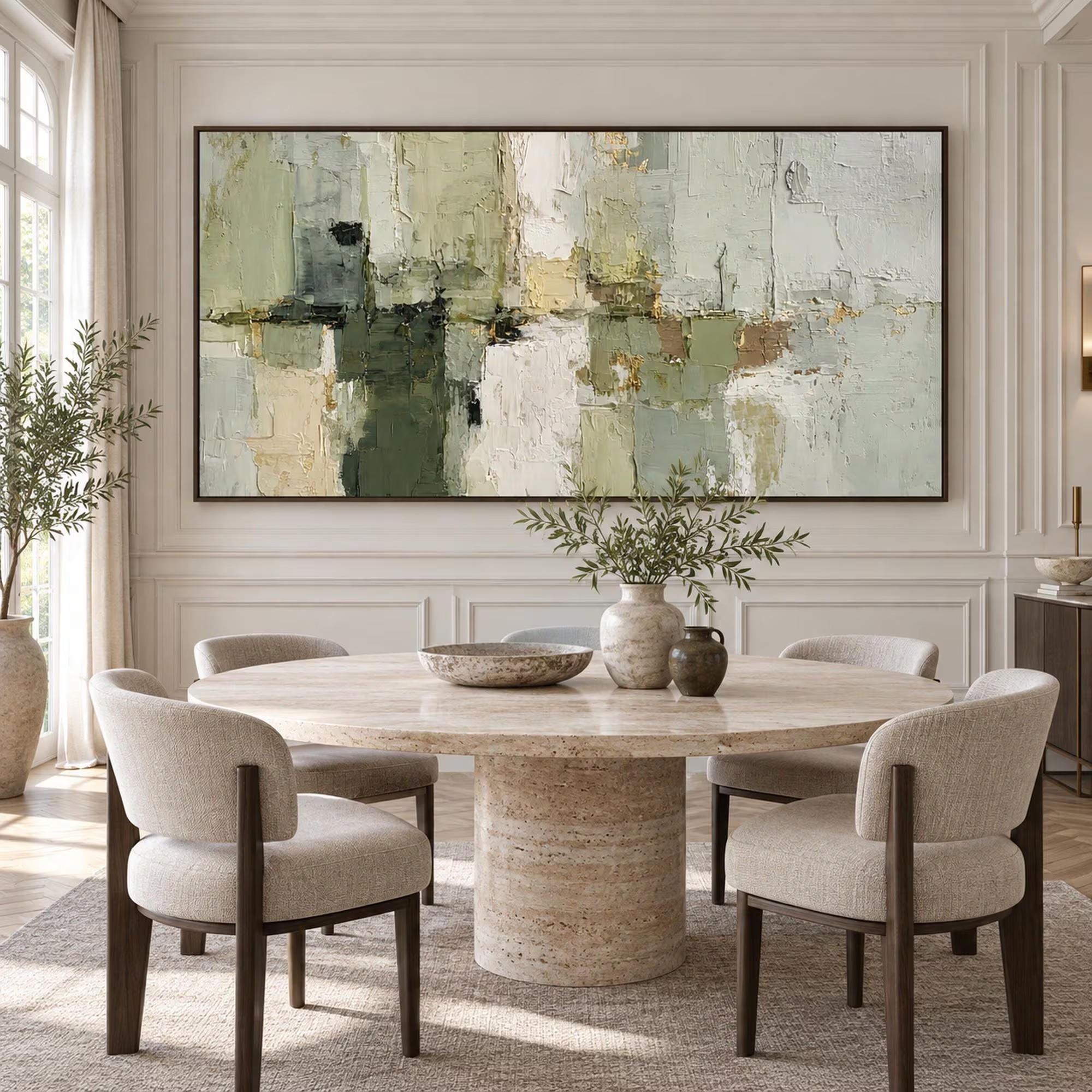 Sage Serenity - Modern Sage Green & Cream Impasto Abstract Canvas Art