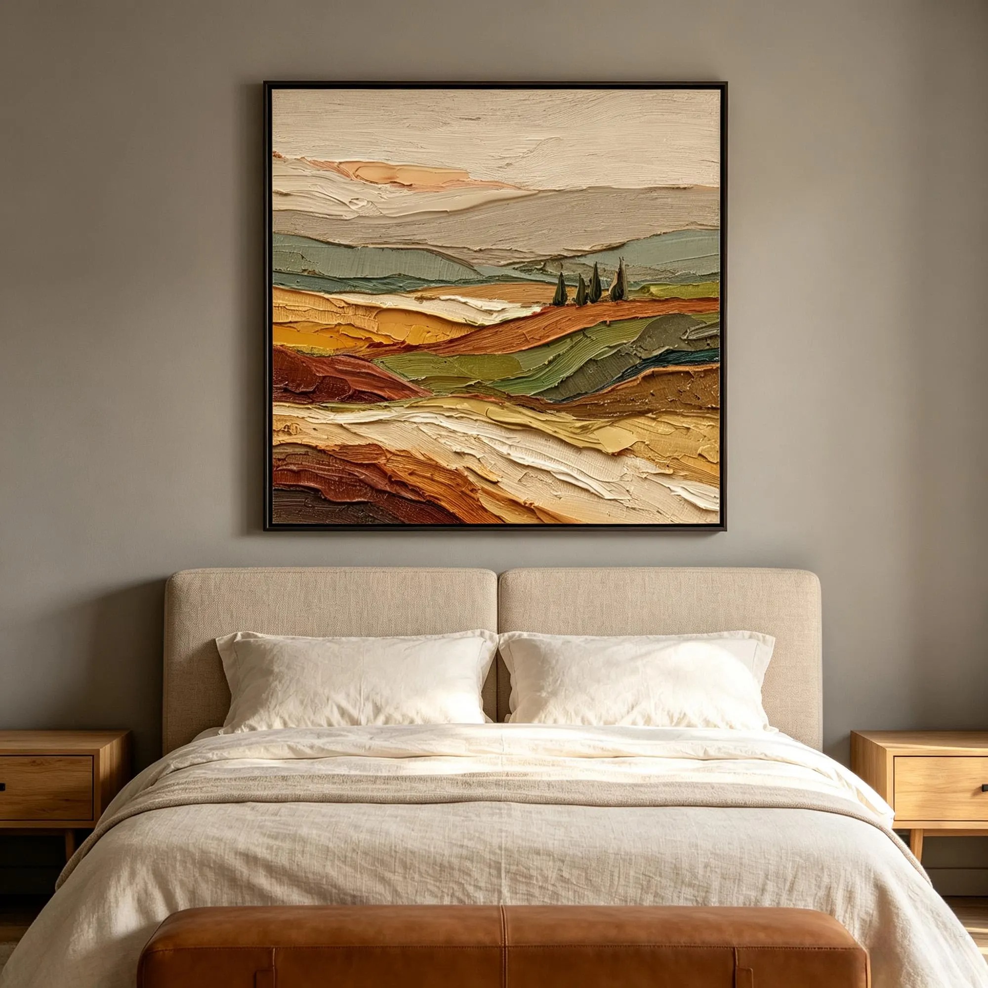 Tuscan Sunlight - Terraced Fields & Cypress Trees Impasto Canvas Art