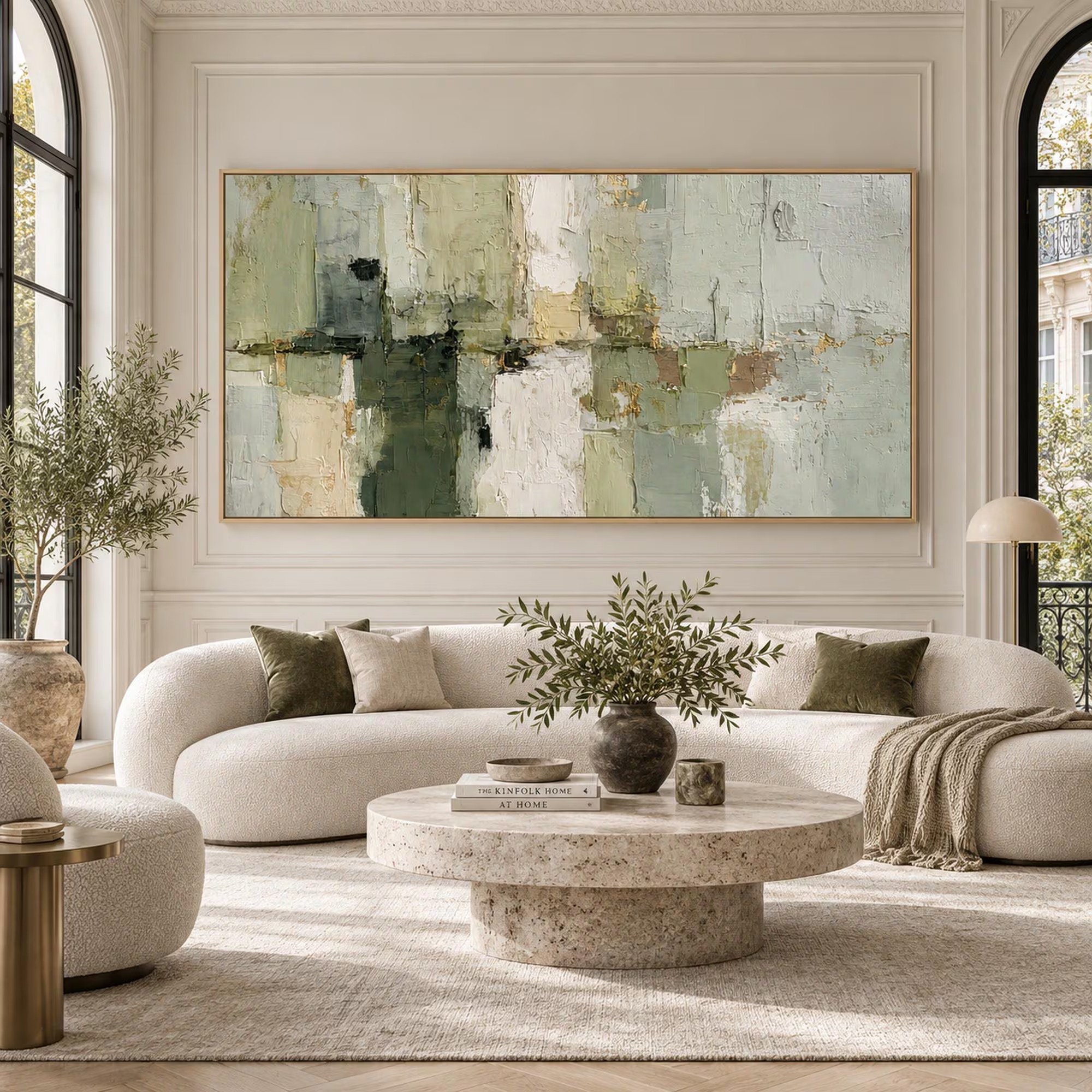 Sage Serenity - Modern Sage Green & Cream Impasto Abstract Canvas Art