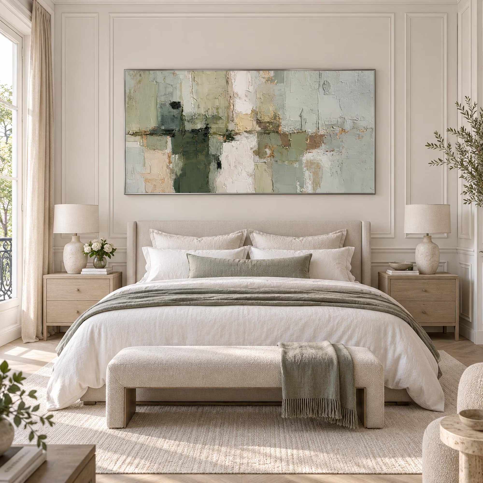 Sage Serenity - Modern Sage Green & Cream Impasto Abstract Canvas Art
