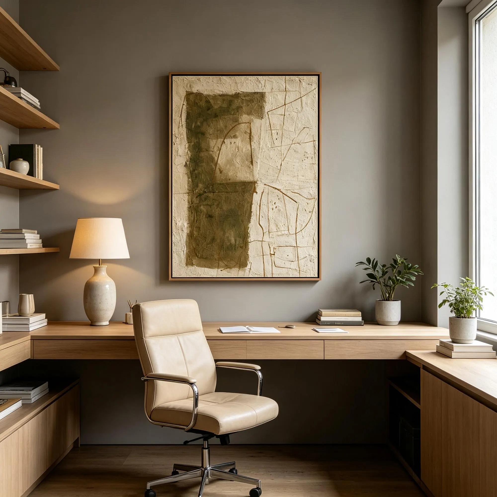 Minimalist Form - Olive Green & Linen Textured Abstract Canvas Art