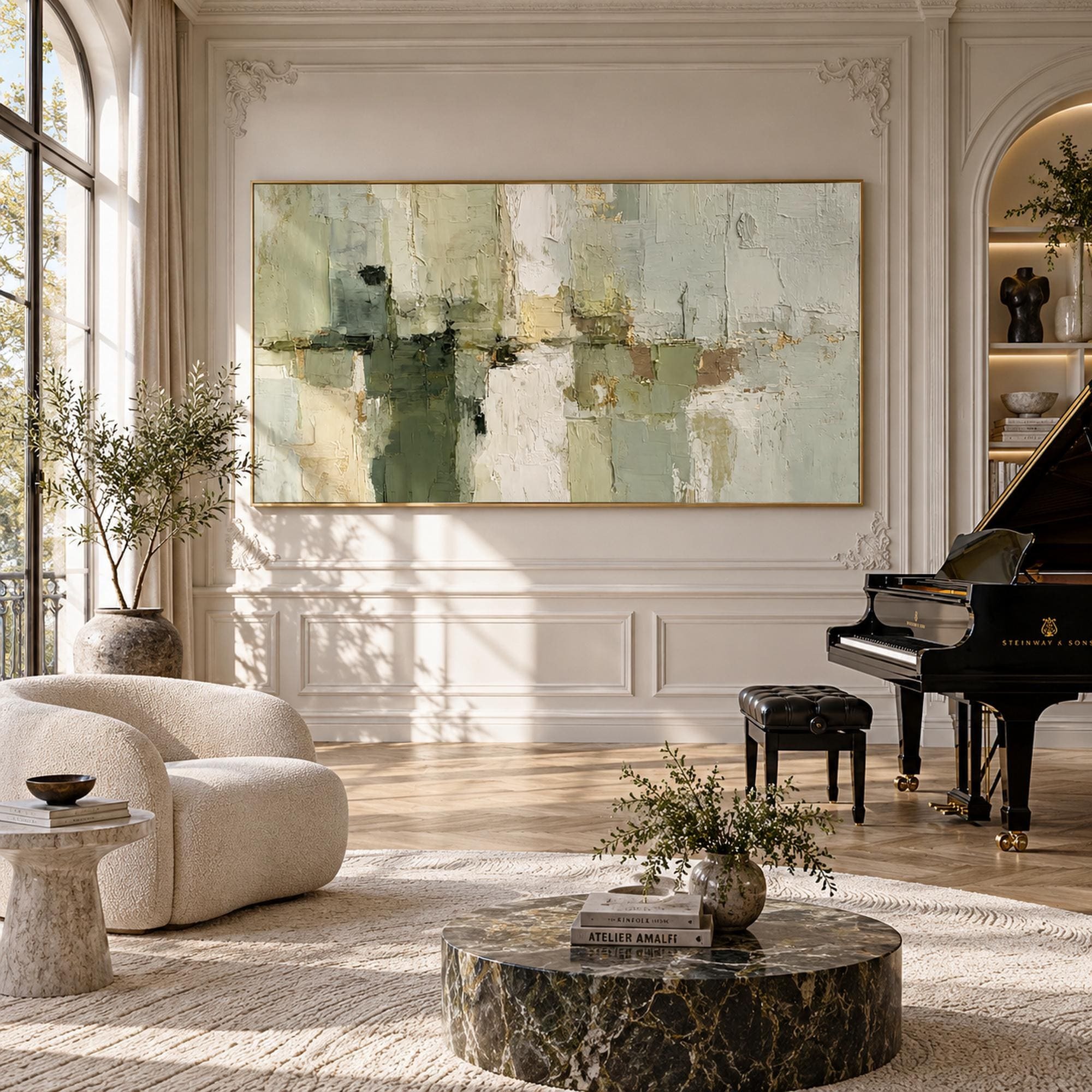 Sage Serenity - Modern Sage Green & Cream Impasto Abstract Canvas Art