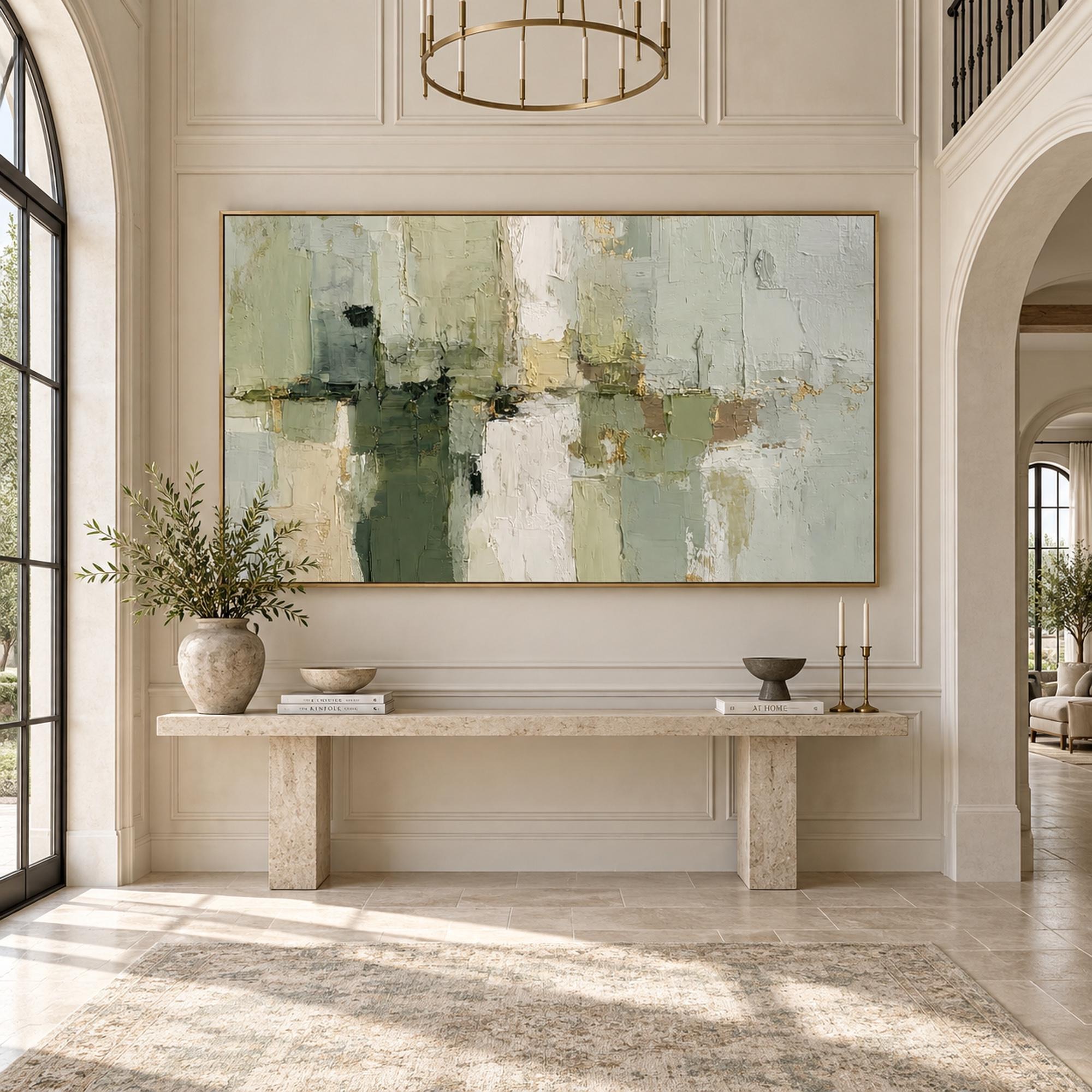 Sage Serenity - Modern Sage Green & Cream Impasto Abstract Canvas Art