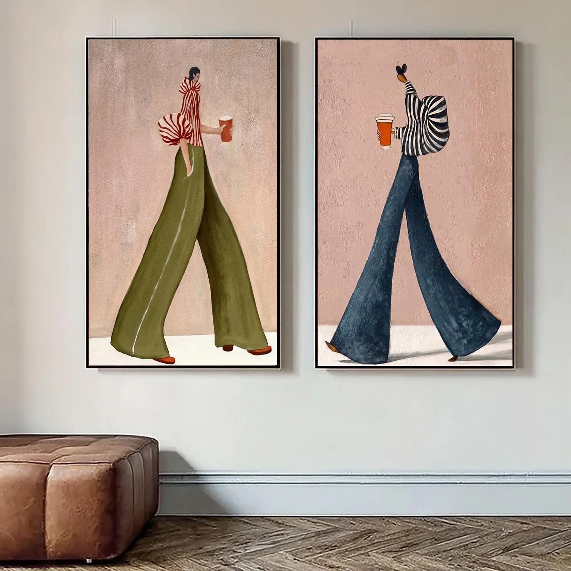 Urban Chic Walk - Fashion Women in Wide Pants & Coffee Canvas Diptych