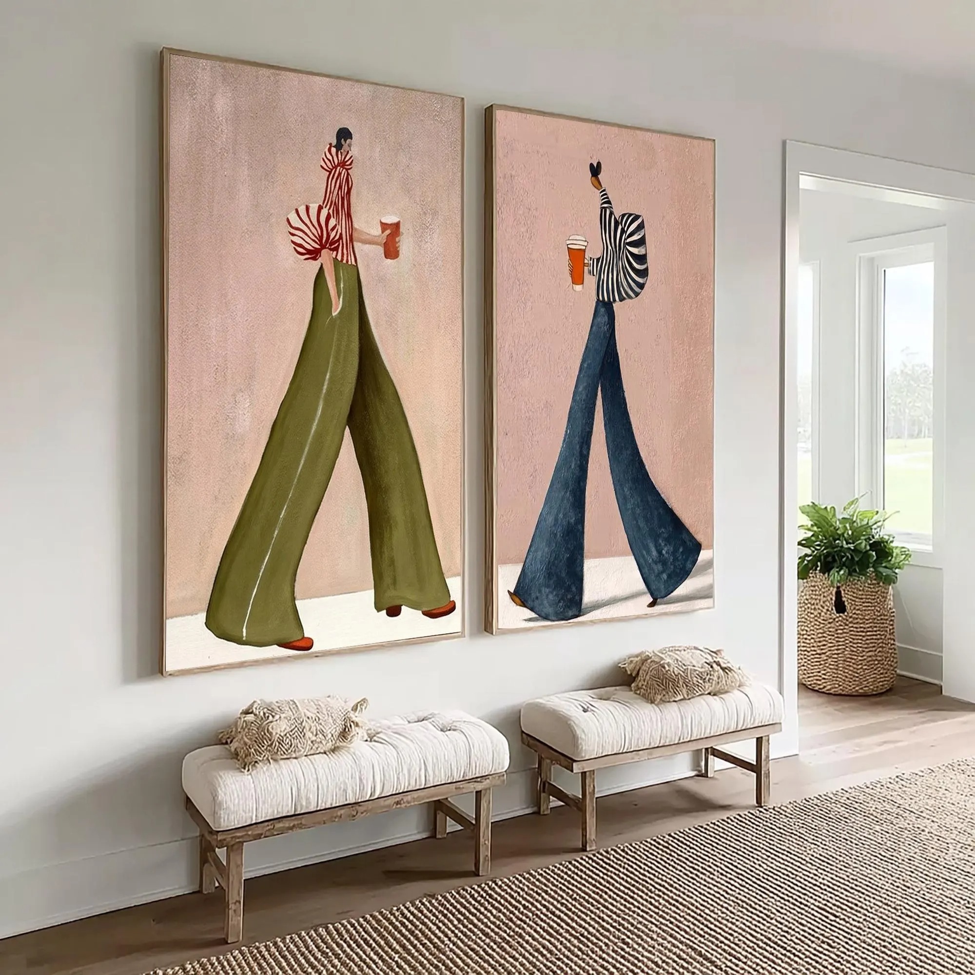 Urban Chic Walk - Fashion Women in Wide Pants & Coffee Canvas Diptych