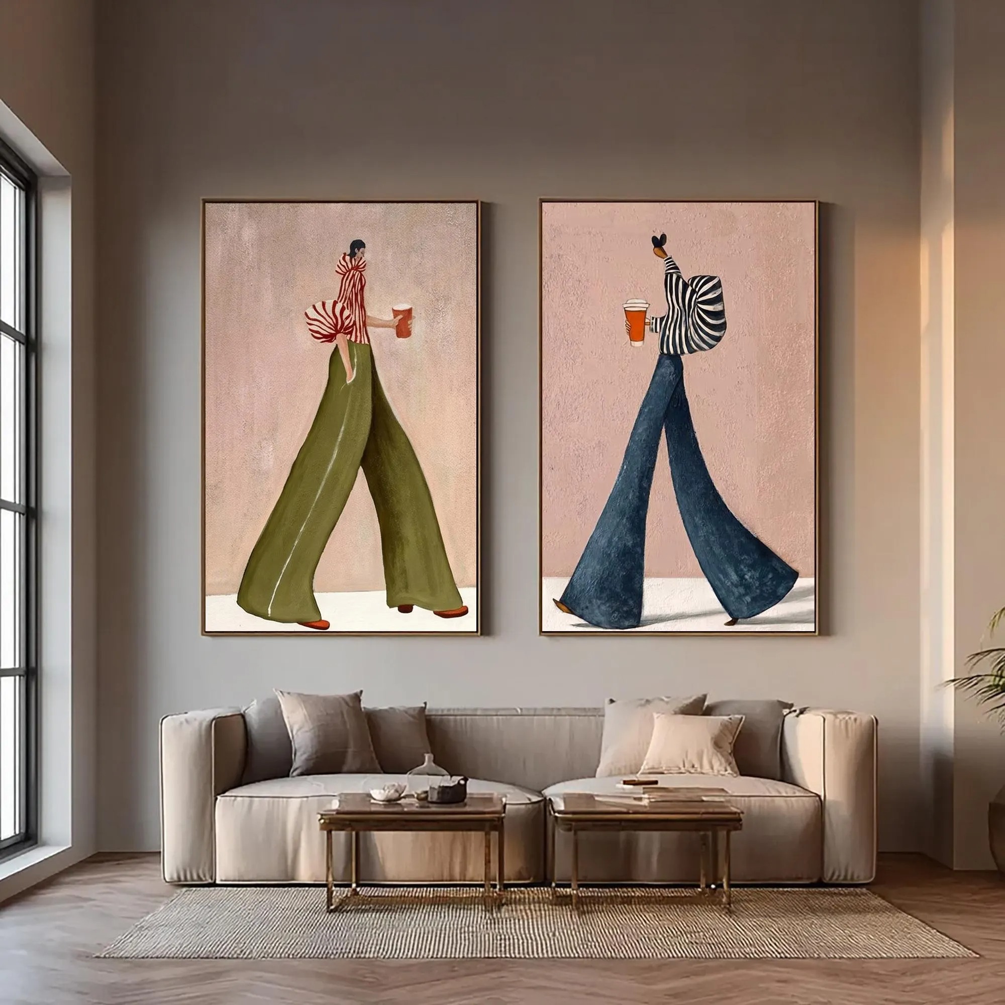 Urban Chic Walk - Fashion Women in Wide Pants & Coffee Canvas Diptych