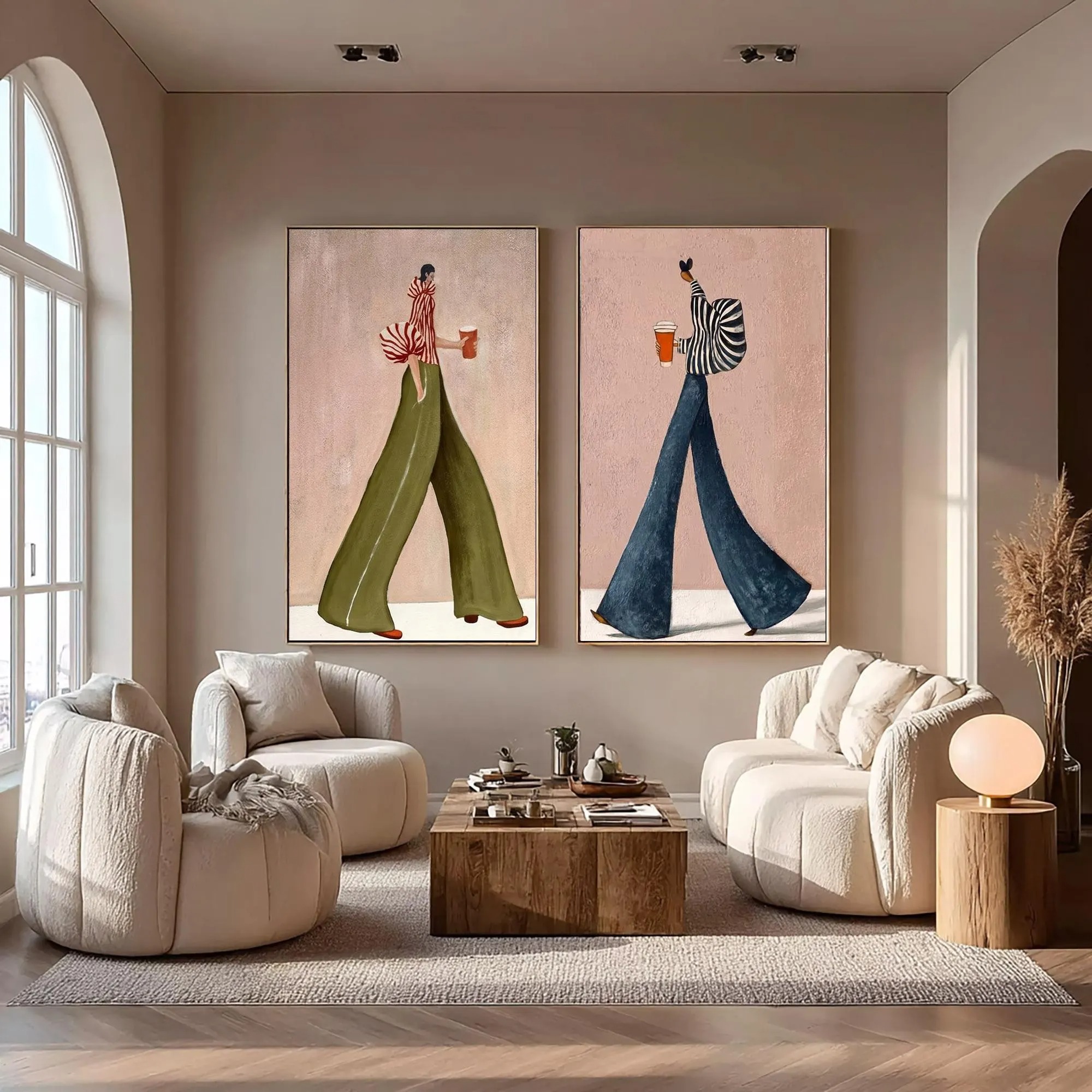 Urban Chic Walk - Fashion Women in Wide Pants & Coffee Canvas Diptych