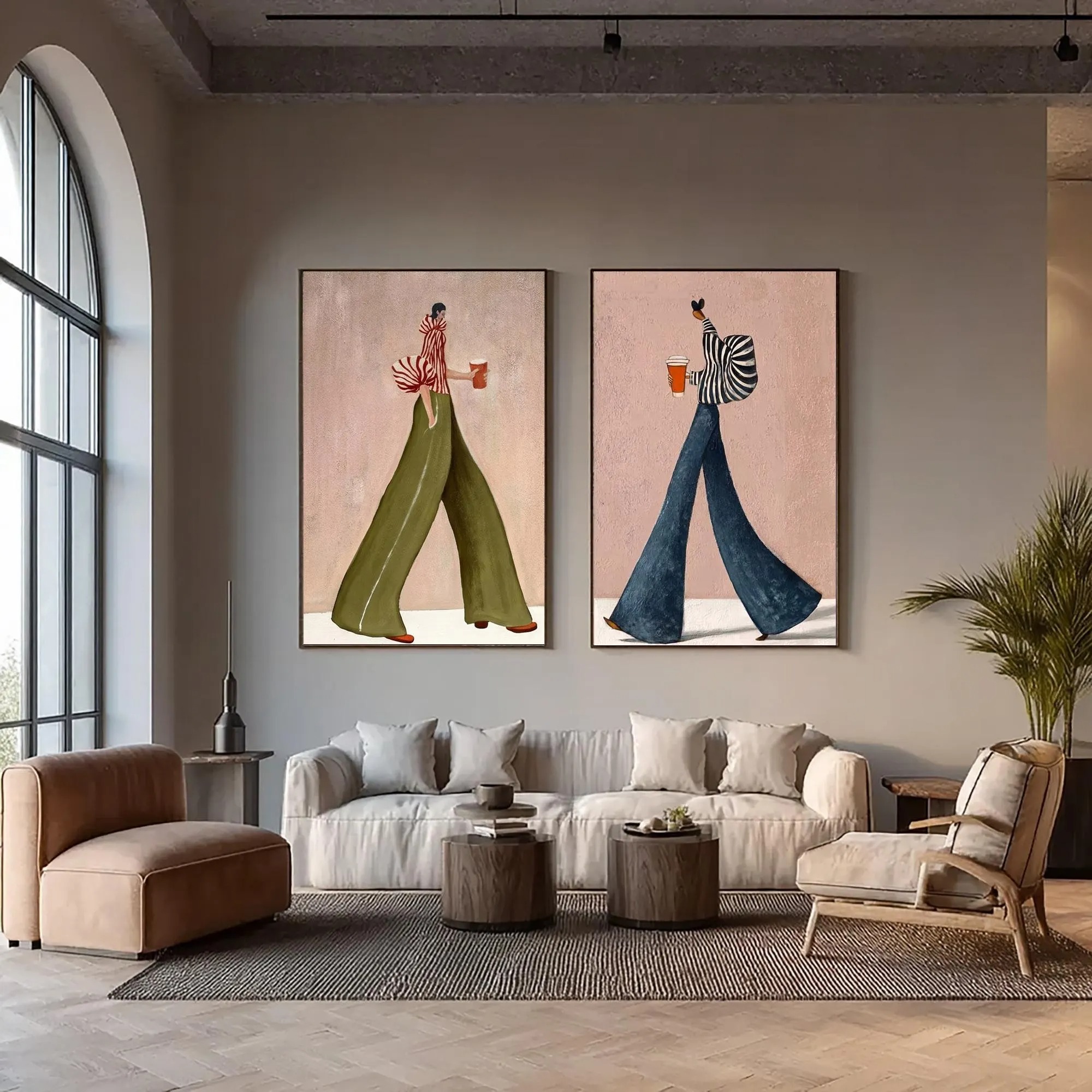 Urban Chic Walk - Fashion Women in Wide Pants & Coffee Canvas Diptych