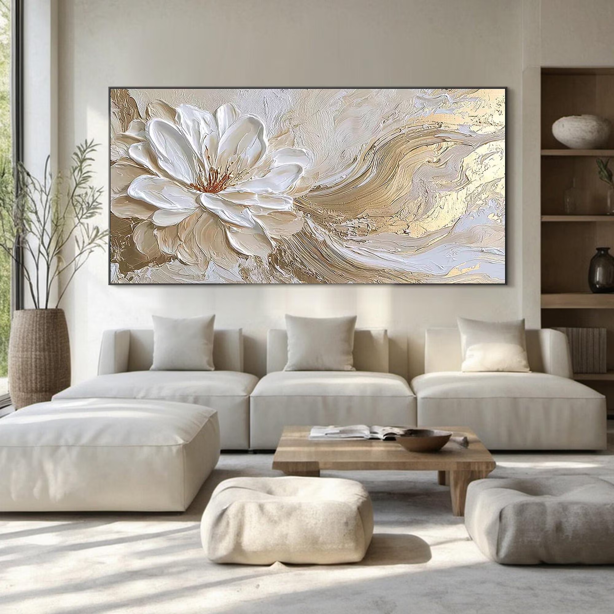 Blooming Elegance - Large 3D White Camellia & Gold Stroke Canvas Art