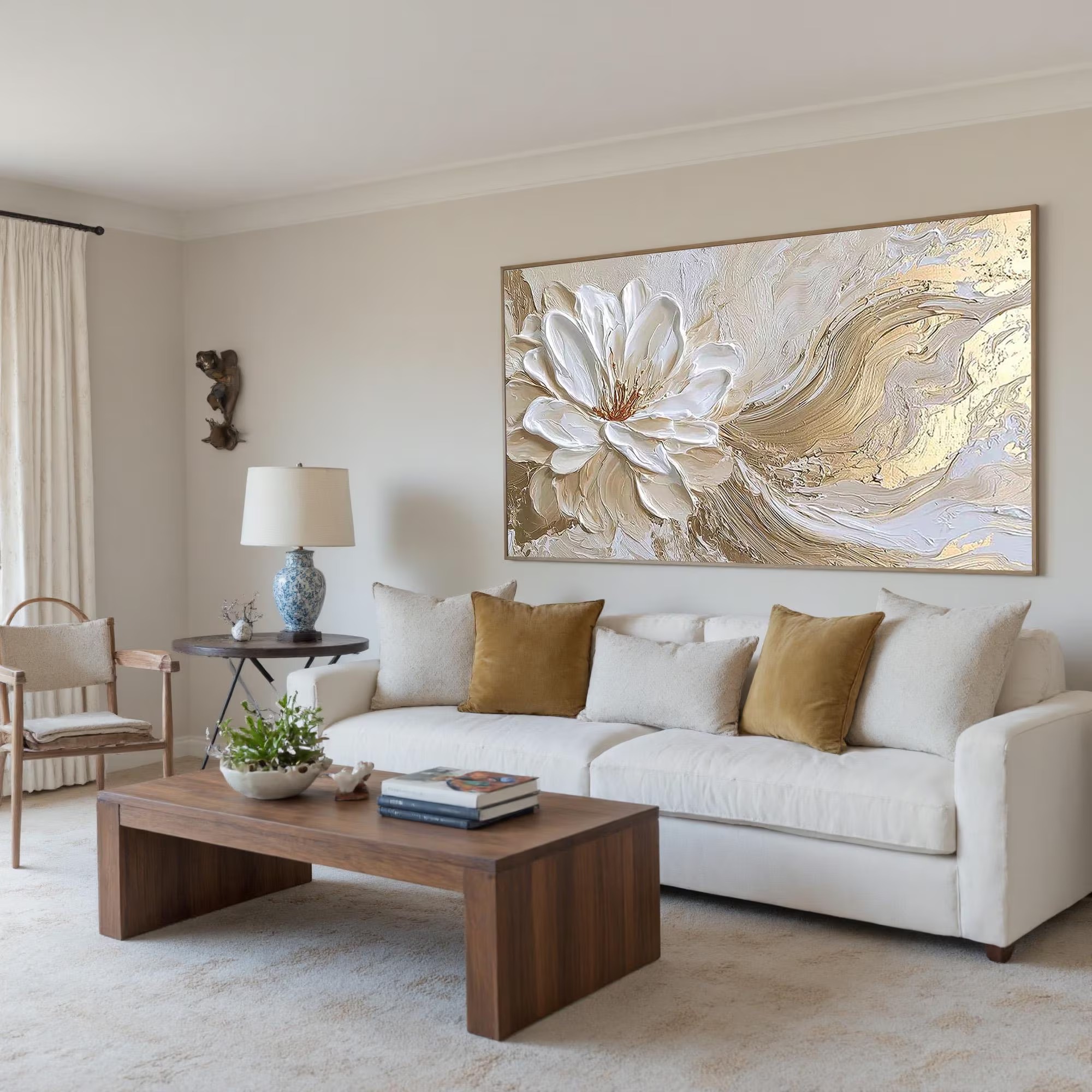 Blooming Elegance - Large 3D White Camellia & Gold Stroke Canvas Art