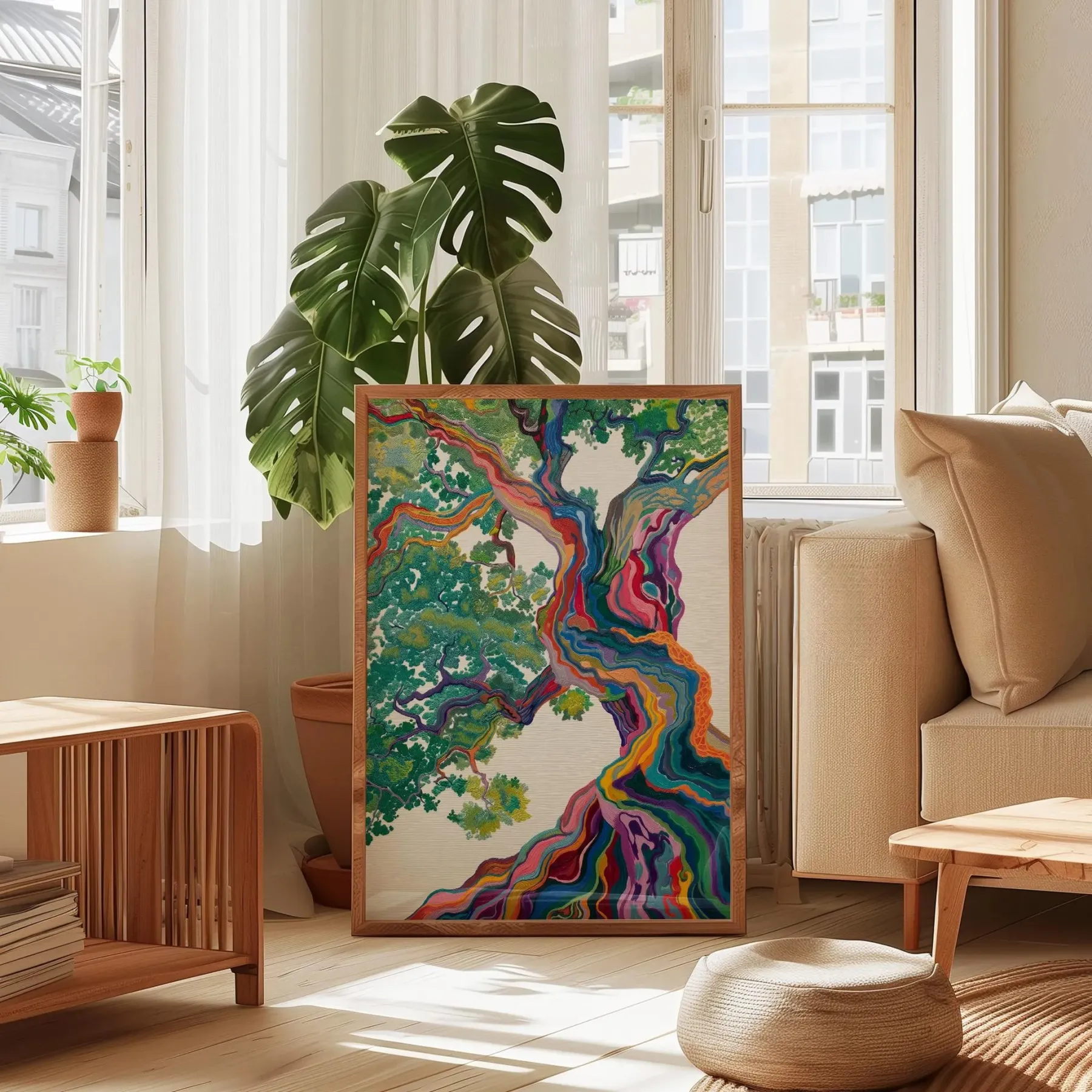 Rainbow Cypress - Vibrant Abstract Twisted Tree Heavy Textured Oil