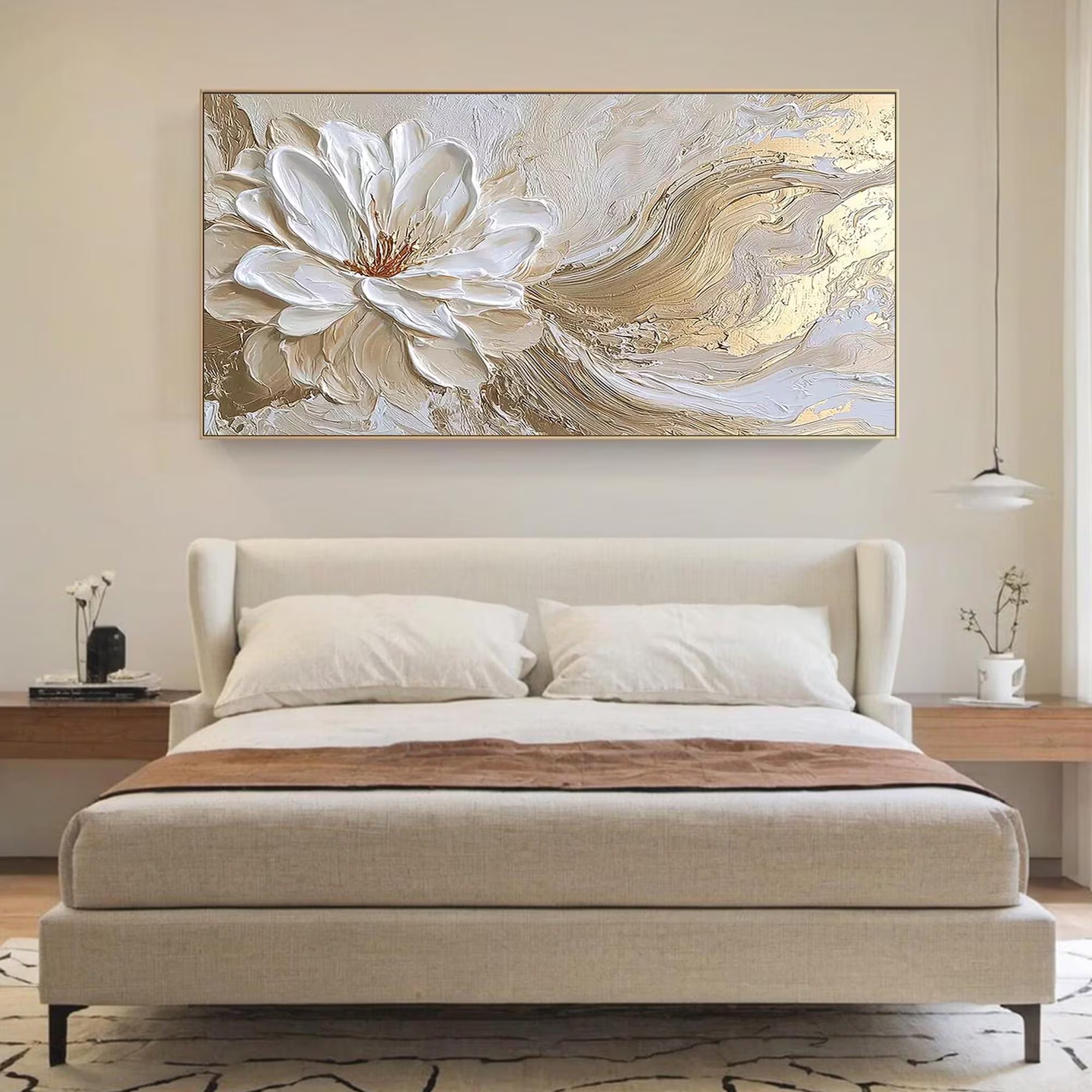 Blooming Elegance - Large 3D White Camellia & Gold Stroke Canvas Art