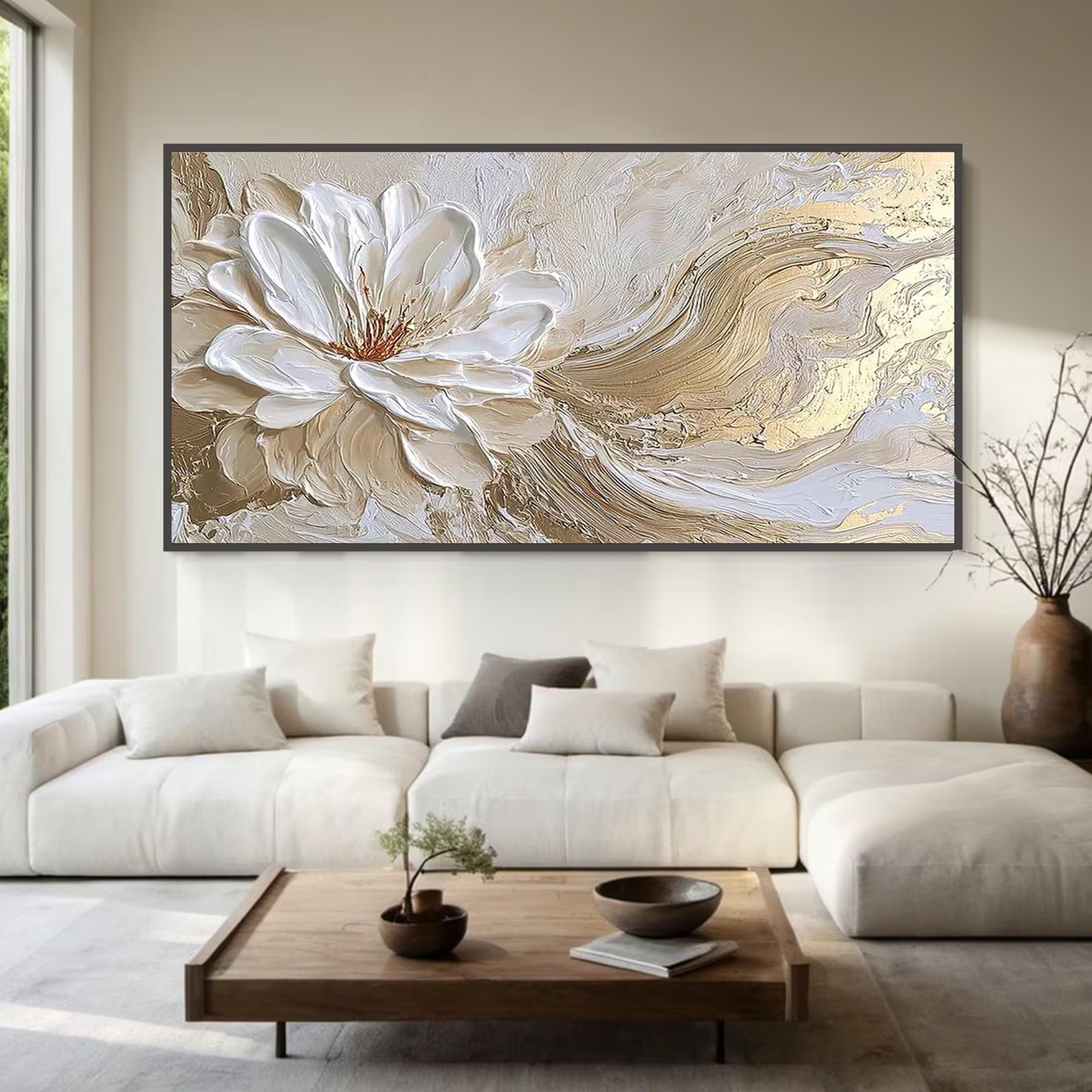 Blooming Elegance - Large 3D White Camellia & Gold Stroke Canvas Art