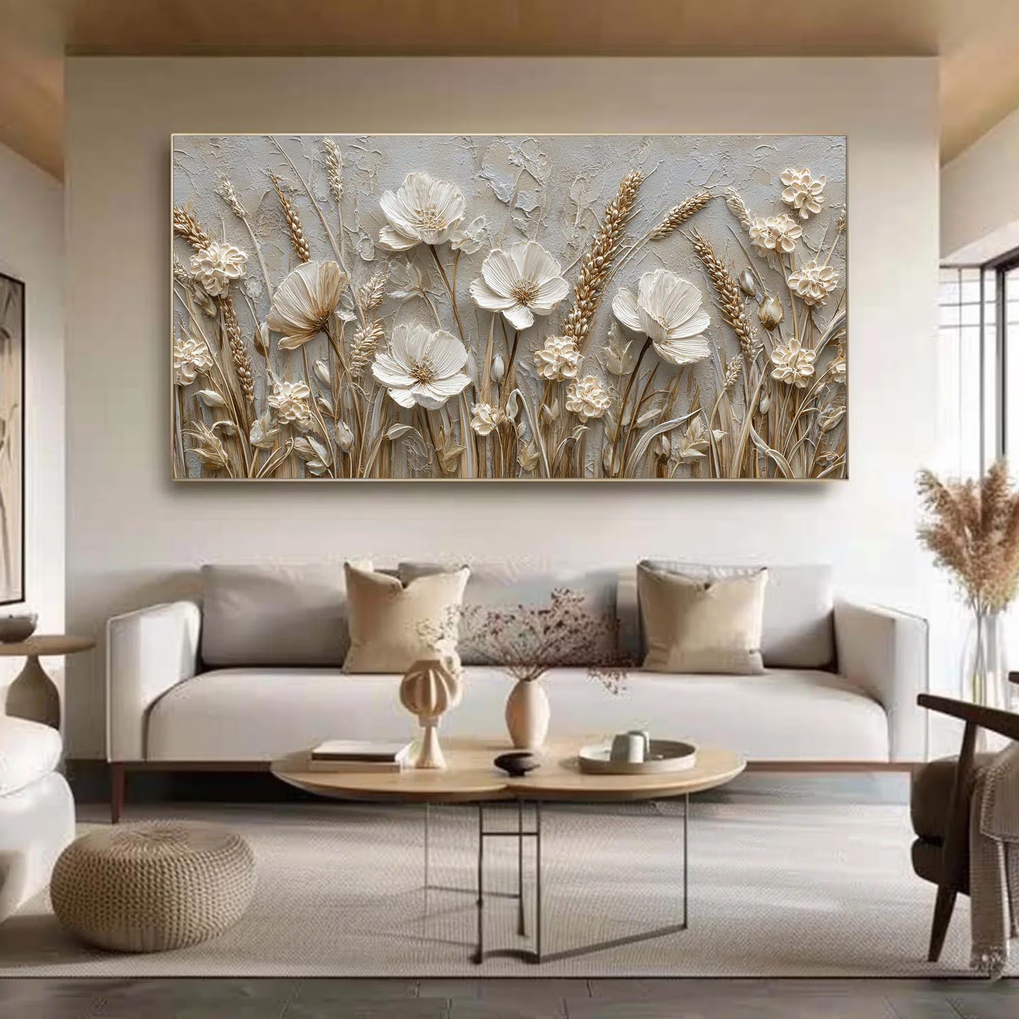 Golden Harvest - 3D Relief Wheat & Wildflower Canvas Art