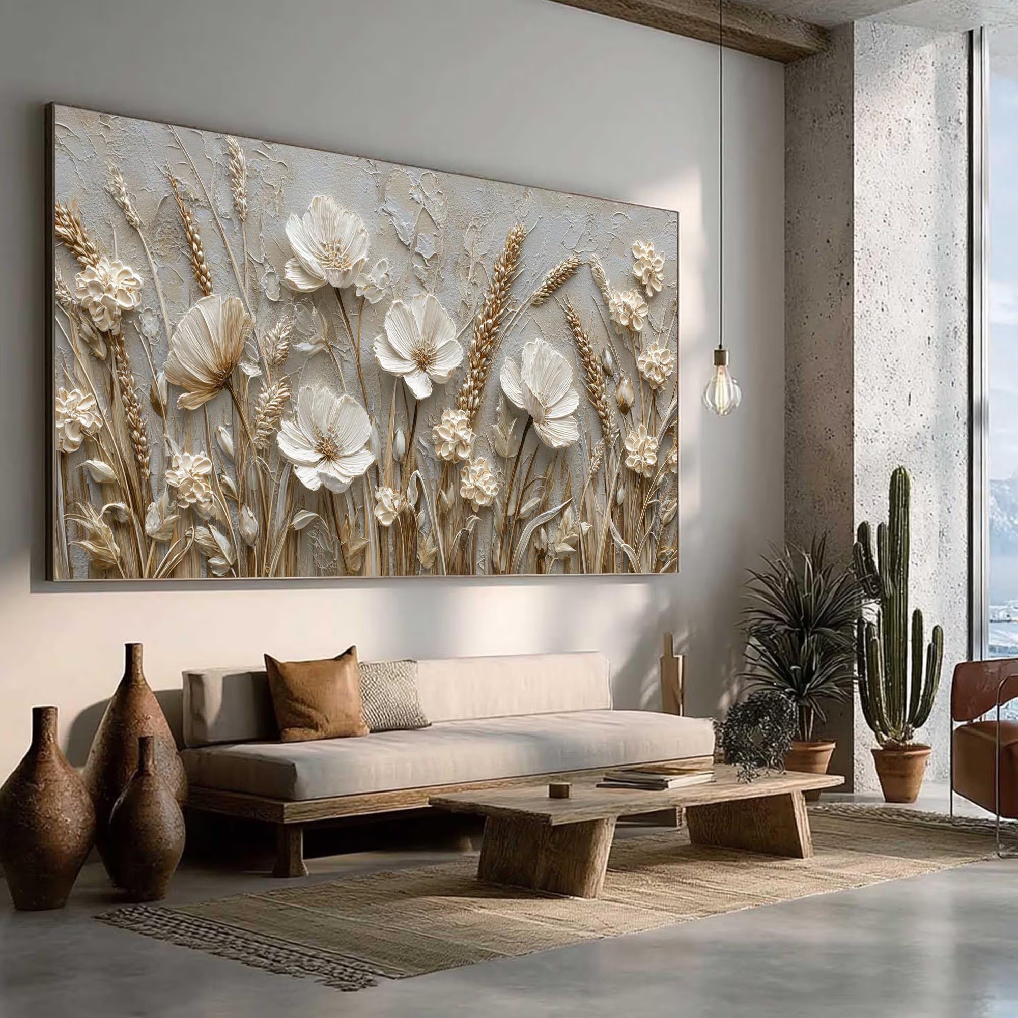 Golden Harvest - 3D Relief Wheat & Wildflower Canvas Art