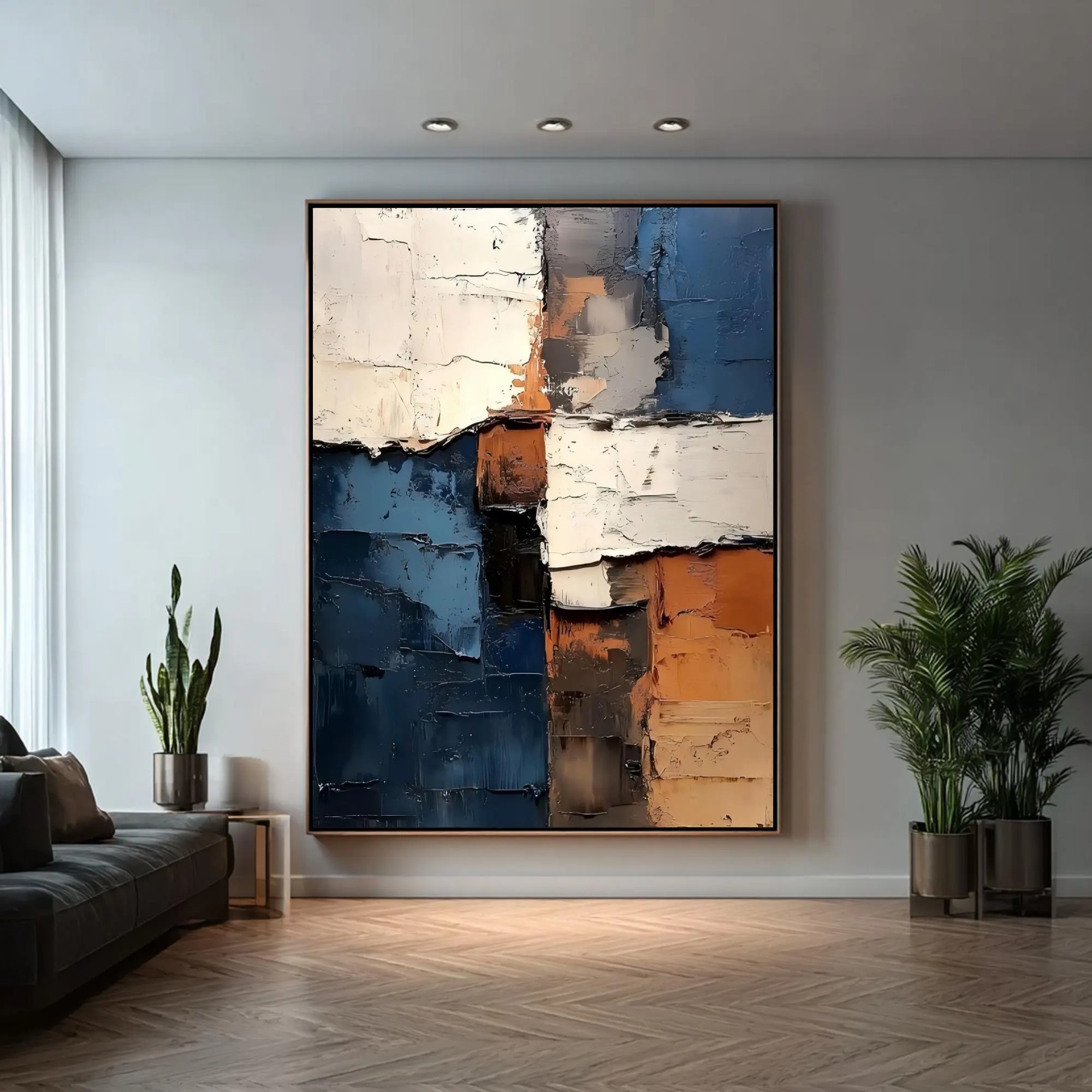 Urban Contrast - Deep Navy, Ochre & Cream Heavy Impasto Canvas Art