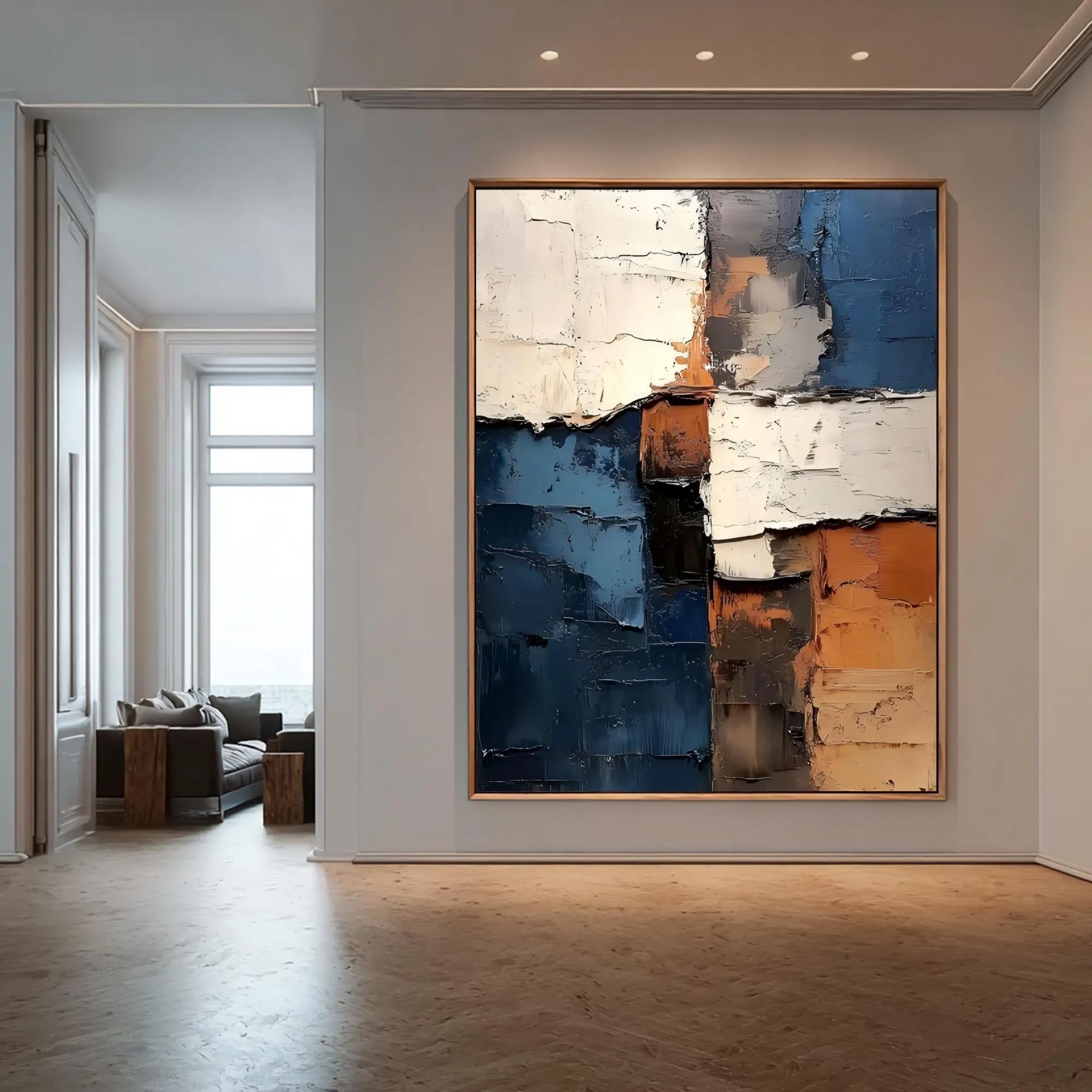 Urban Contrast - Deep Navy, Ochre & Cream Heavy Impasto Canvas Art