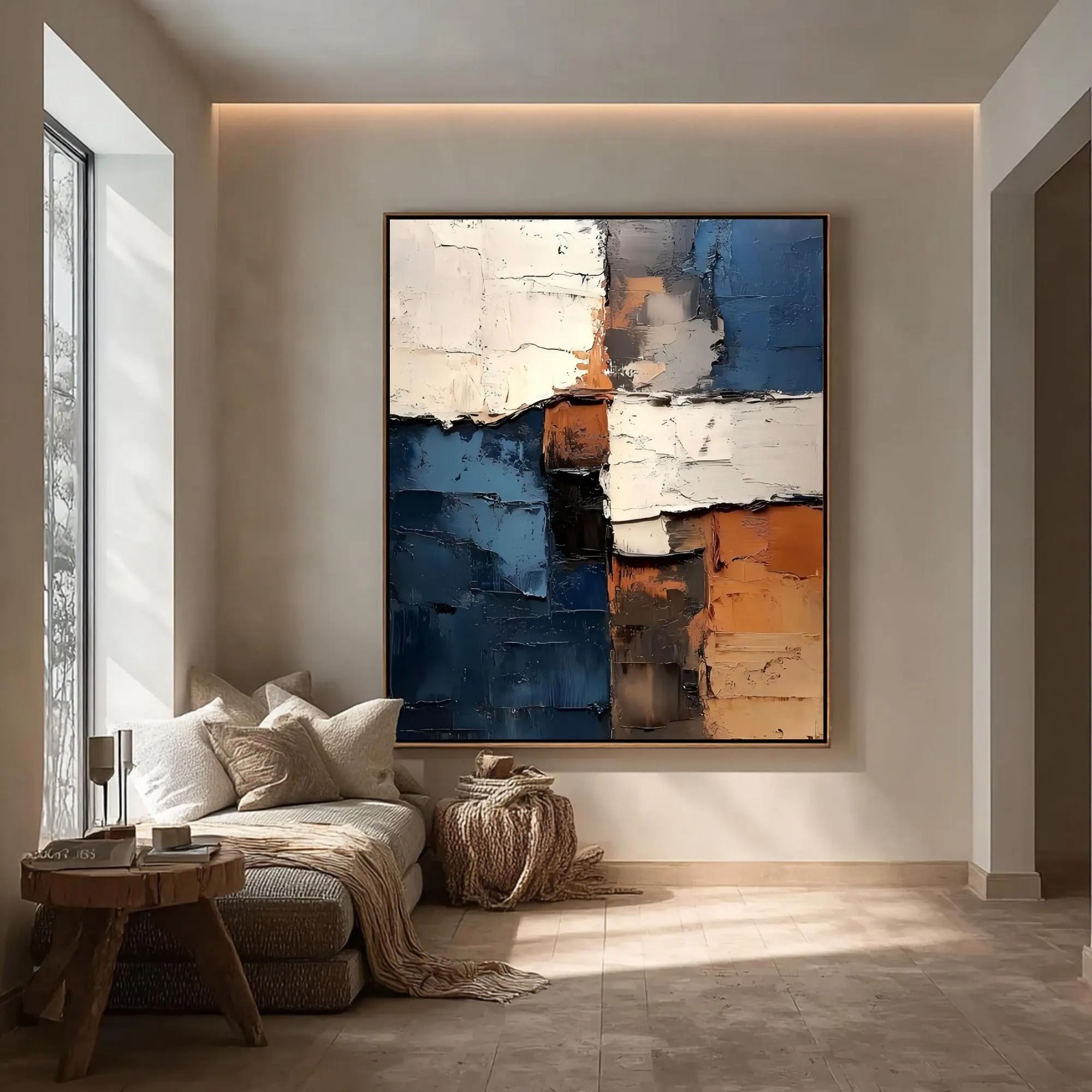Urban Contrast - Deep Navy, Ochre & Cream Heavy Impasto Canvas Art